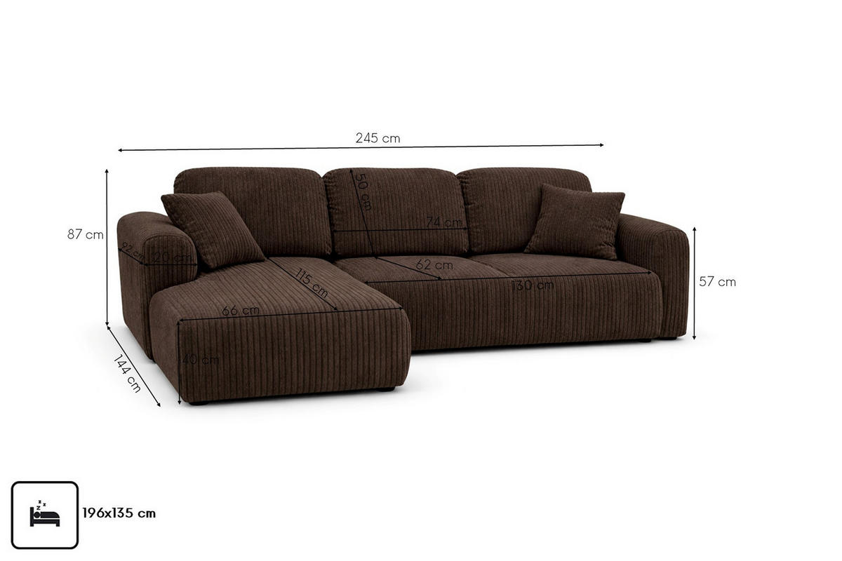 ECKSOFA Mit Schlaffunktion Und Bettkasten, Sofa L-Form Bingo L, Cordstoff Poso, Braun, Links - Braun, Holz (245/144cm) - Kaiser Möbel