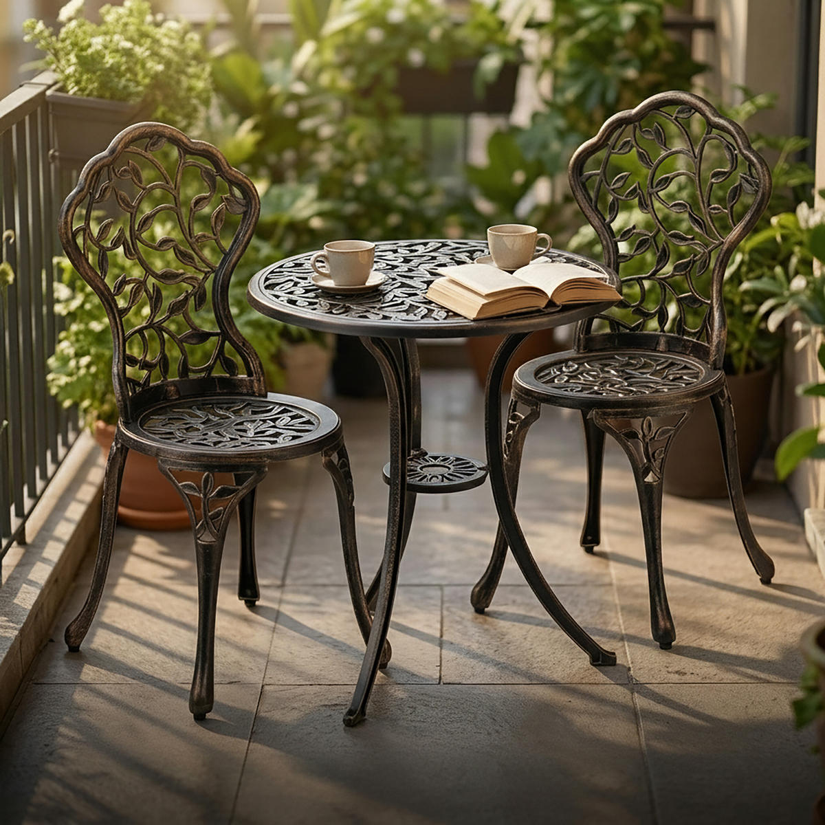 BALKONMÖBELSET Bronze Bistro 3-teilig Aluminium Tisch 65x60 cm 2 Stühle - Braun, Metall - Relaxdays