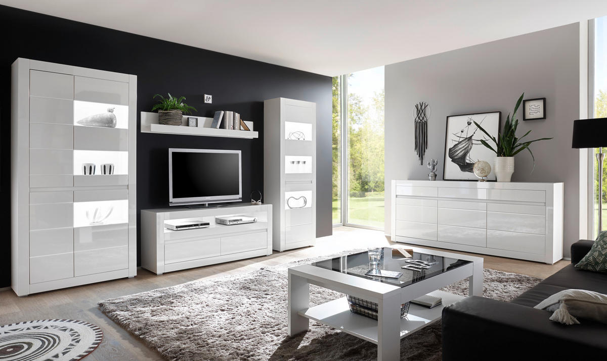 VITRINE Hochglanz weiß, mit weiß oder grau 100 cm, Kommode mit Soft-Close - Weiß Hochglanz/Weiß, Glas/Holzwerkstoff (100/112/35cm) - Furn.Design