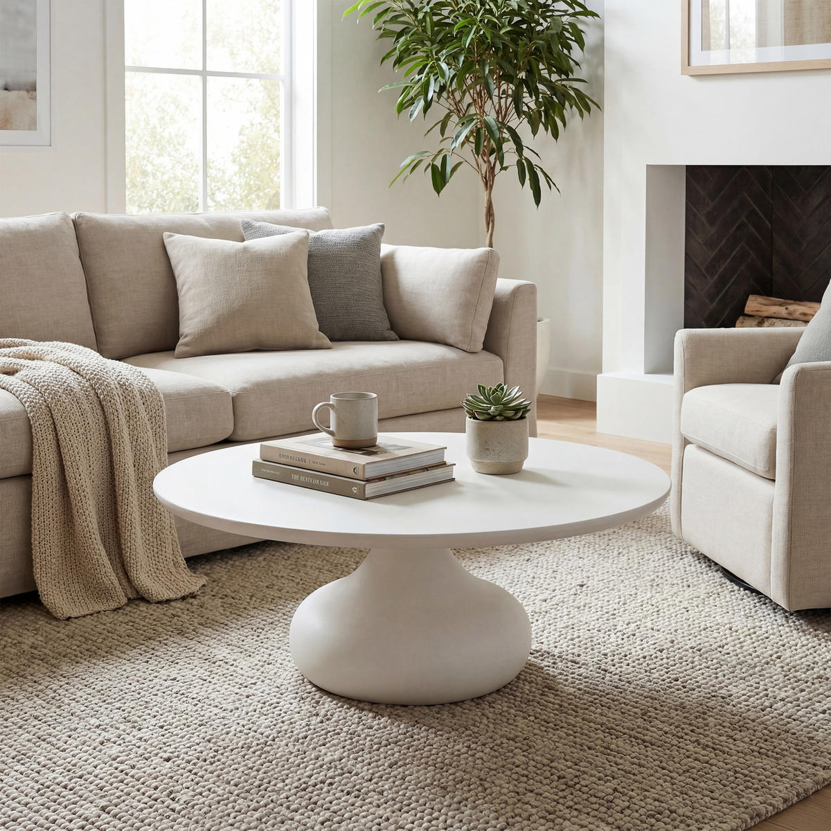 COUCHTISCH CORDOBA 91/91/36 cm Beton, Weiß rund - Weiß, Naturmaterialien (91/91/36cm) - Elementi