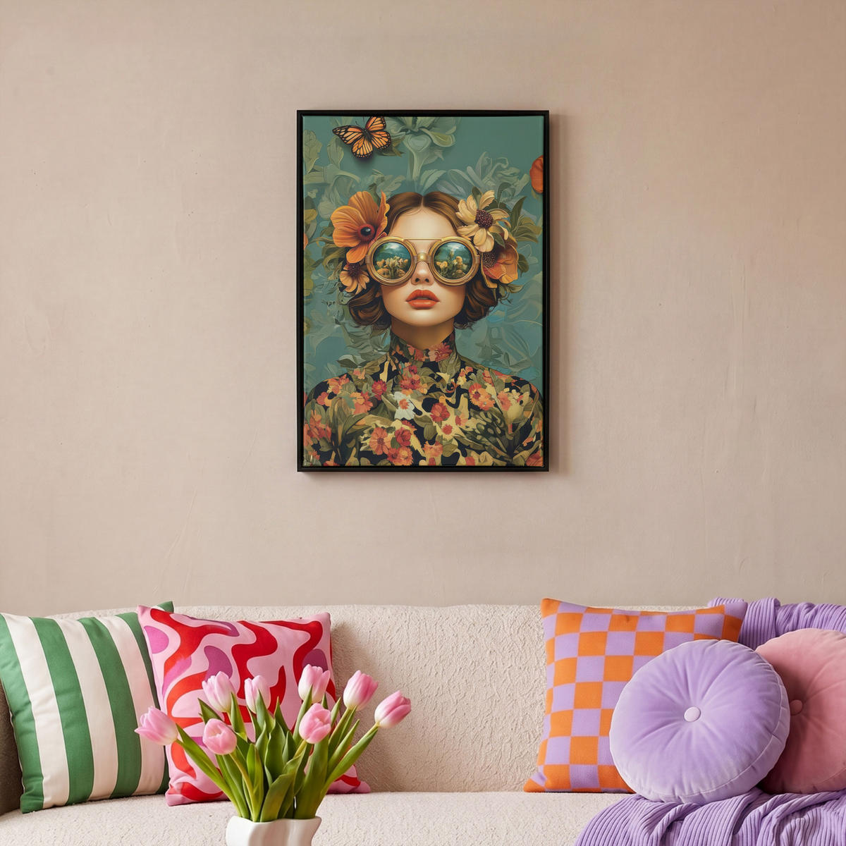LEINWAND Bilder mit Rahmen - Frau - Blumen - Schmetterlinge - Natur - Vintage - 40x60 - Salbeigrün, Textil (40/60cm) - MuchoWow