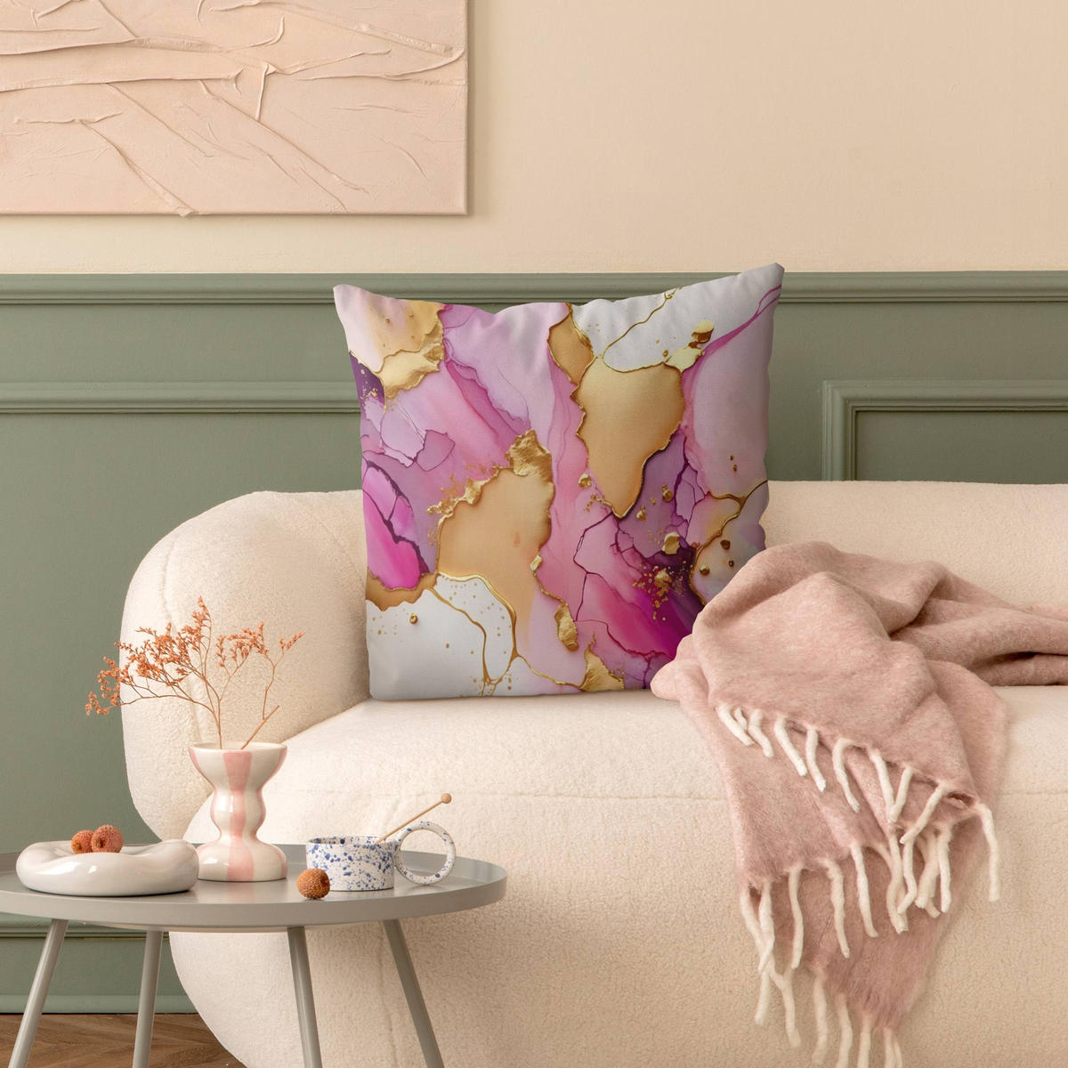 DEKOKISSEN Goldenes Farbspiel mit Pink 40/40 cm - Pink, Textil (40/40/10cm) - Bilderwelten