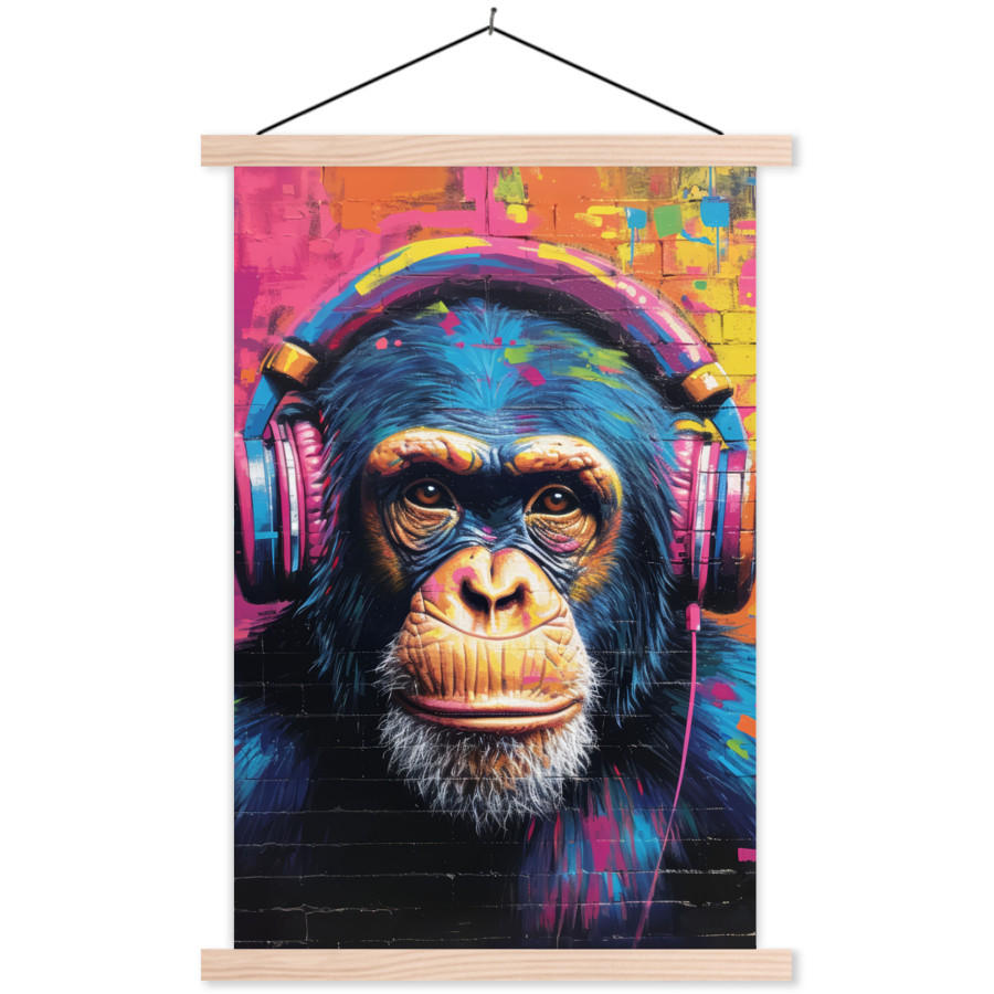 POSTER Graffiti - Schimpanse - Straßenkunst - Kopfhörer - Affe 40x60 cm - Blau, Textil (40/60/0.15cm) - MuchoWow