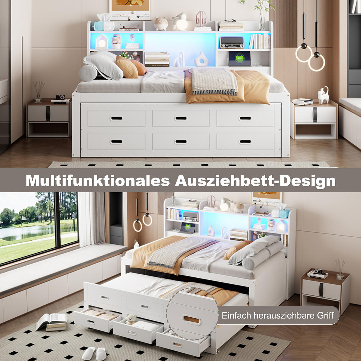 TAGESBETT 90x200cm Weiß LED Schubladen USB-C Nachttisch Klappbar Ausziehbar - Weiß, Holz (90/200cm) - FLIEKS