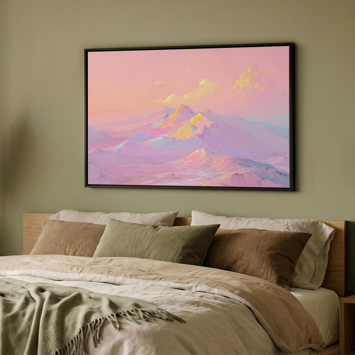 LEINWAND Bilder mit Rahmen - Berggipfel - Wolken - Verträumt - 90x60 - Hellrosa, Textil (90/60cm) - MuchoWow