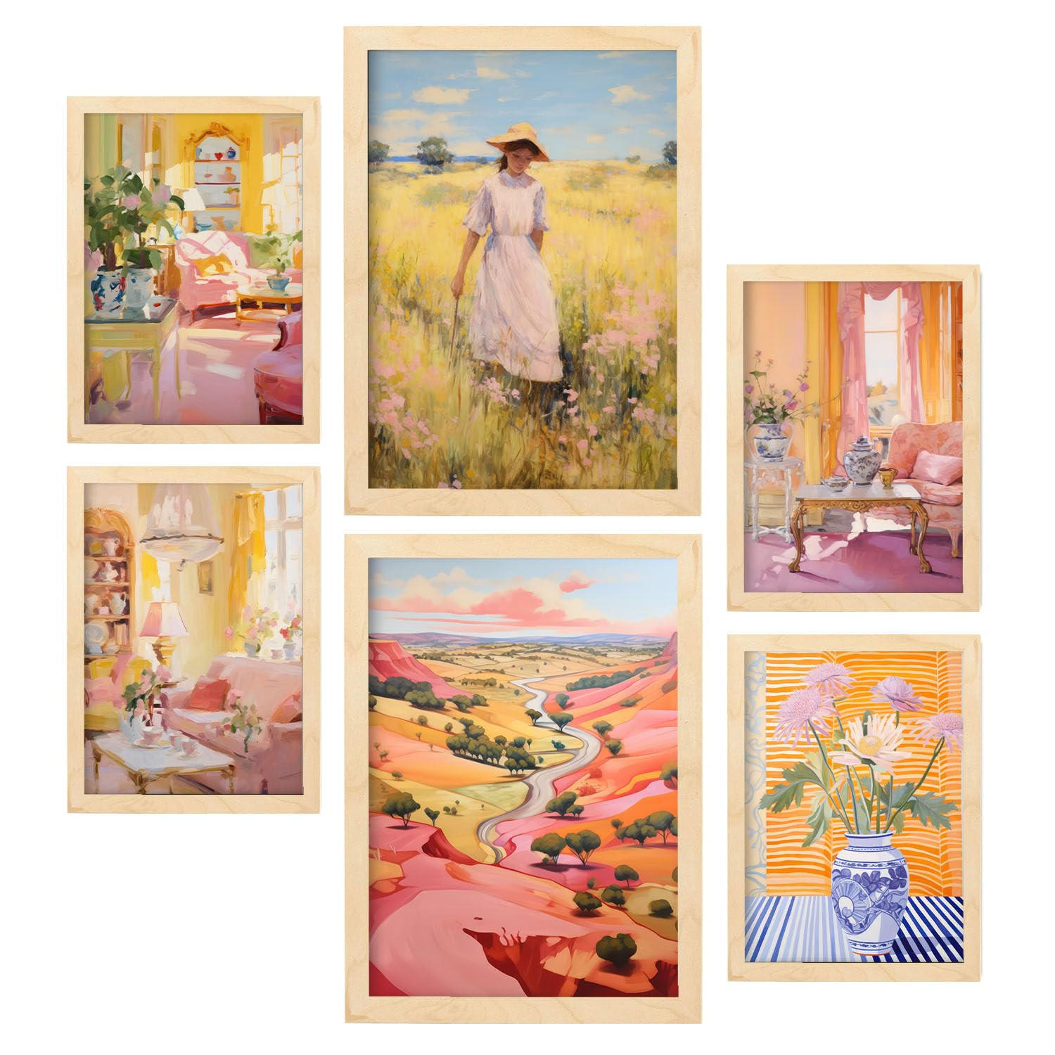 POSTER Set Mit 6 Land Schönheit In Vielseitiger A3 & A4 Rahmen Aus Hellem Holz - Beige, Papier (29/3cm) - Nacnic