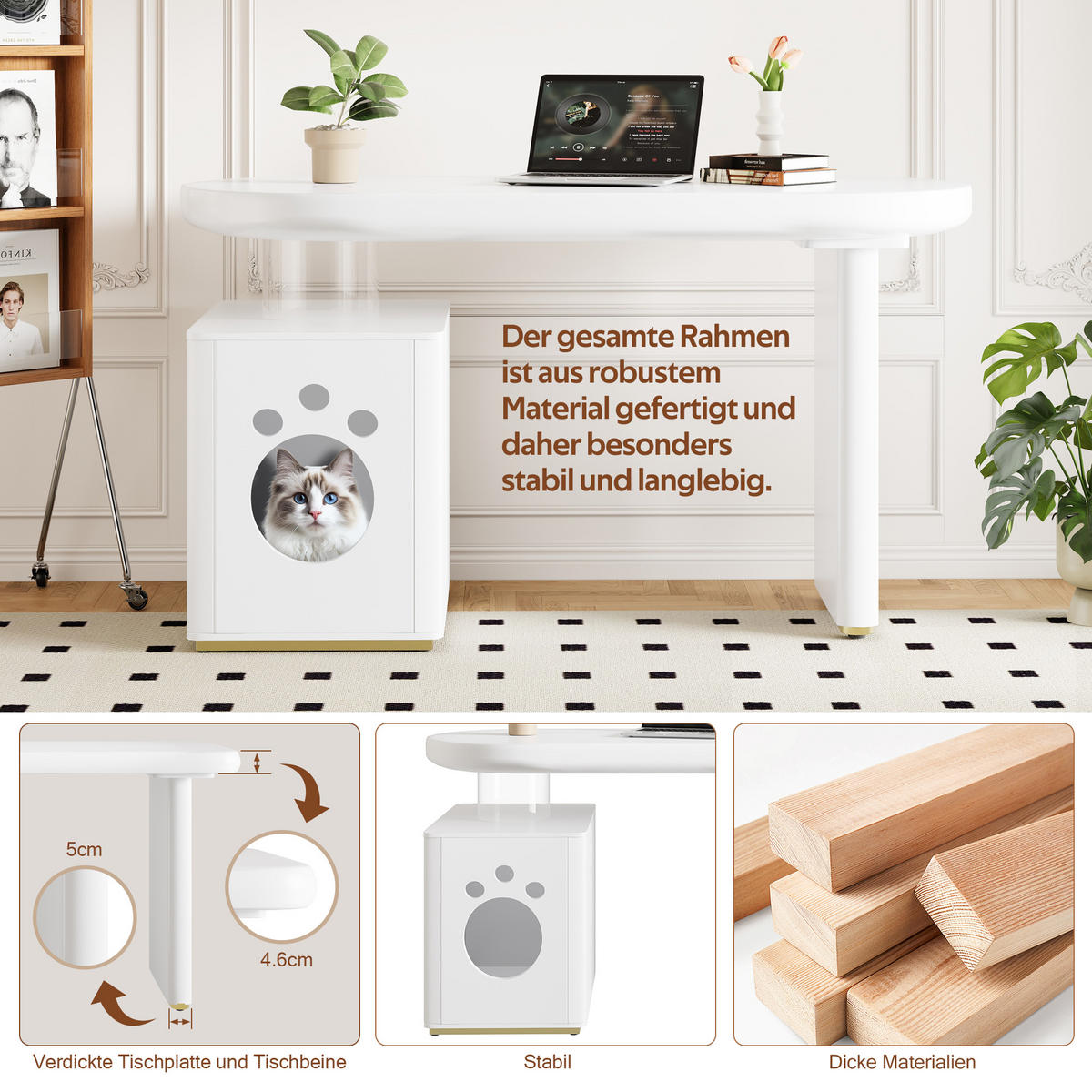 SCHREIBTISCH mit Haustierbett 117/50/76 cm weiß MDF, abgerundete Kurven - Weiß, Holzwerkstoff (117/50/76cm) - OKWISH