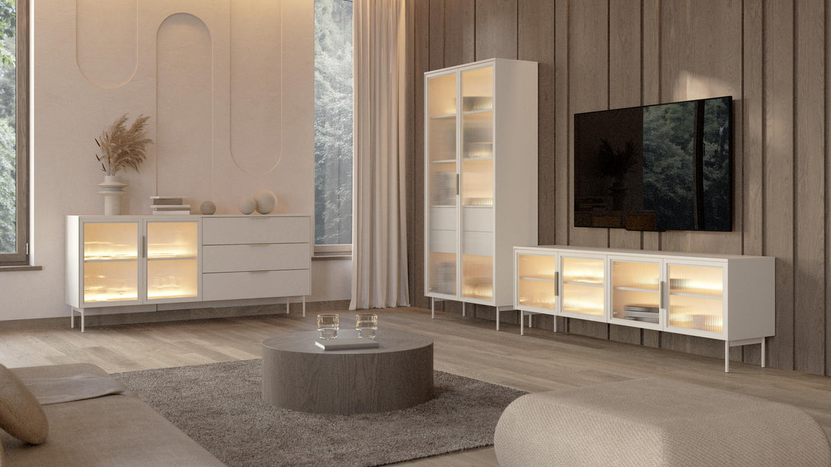 VITRINENSCHRANK 90 cm mit LED Senzia, 2 Türen, Schubladen, Kaschmir - Kaschmir, Holz (92/195/39cm) - Emporius