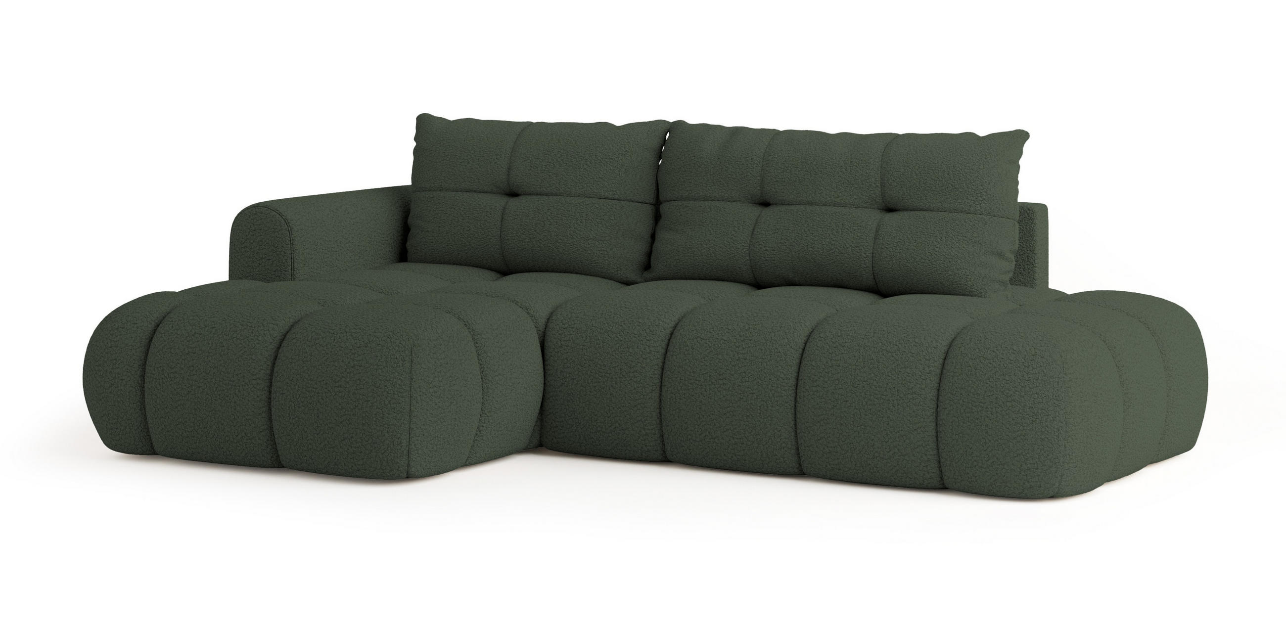 ECKSOFA FLUMA L-S Grün Boucle-Stoff mit Schlaffunktion - Grün, Holz (279/158cm) - MASSENO