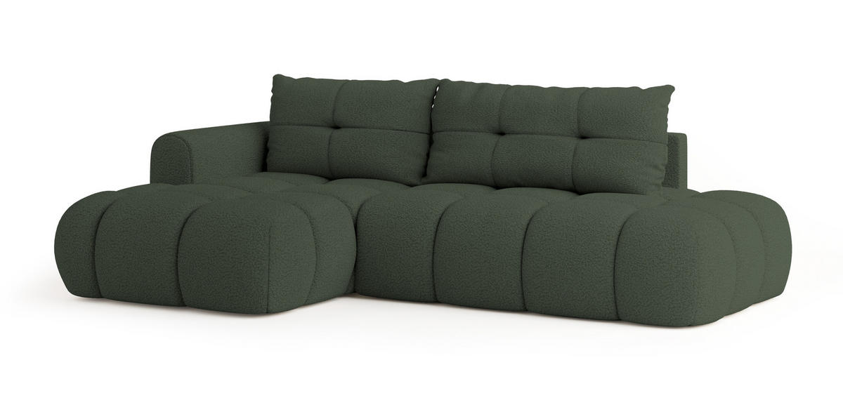 ECKSOFA FLUMA L-S Grün Boucle-Stoff mit Schlaffunktion - Grün, Holz (279/158cm) - MASSENO