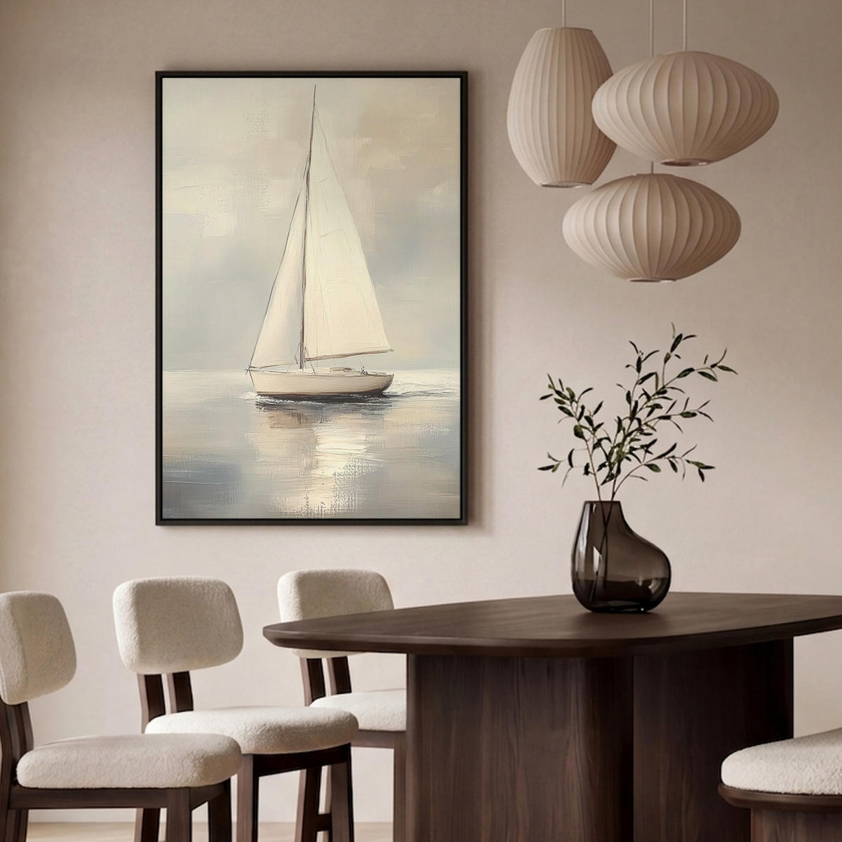 LEINWAND Bilder mit Rahmen - Segelschiff - Meer - Bewölkt - 100x150 - Creme, Textil (100/150cm) - MuchoWow