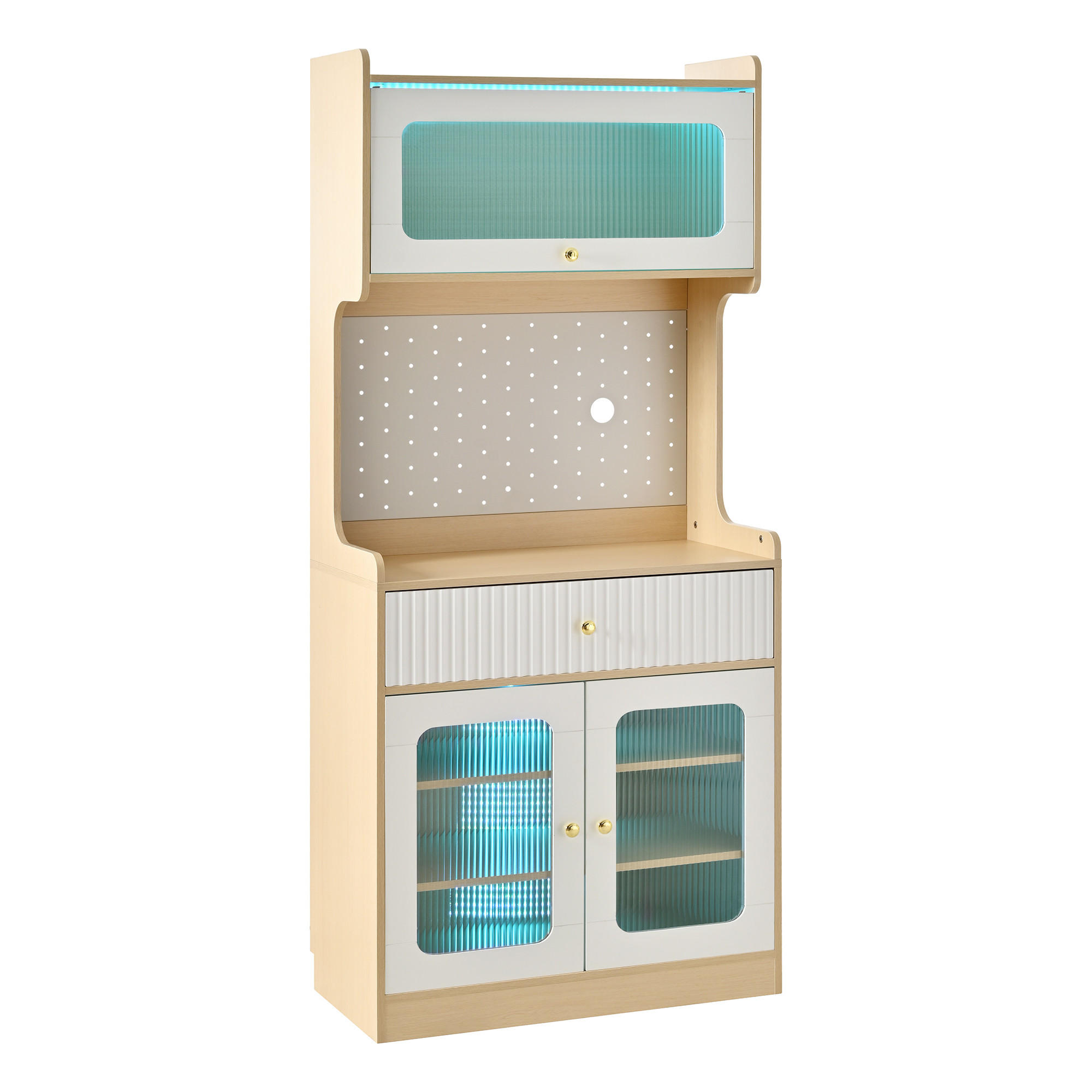 BUFFET DE-38320 80/40/180 cm mit LED-Beleuchtung und Riffelglas Natur - Naturfarben, Holzwerkstoff (80/180/40cm) - ComfortXL