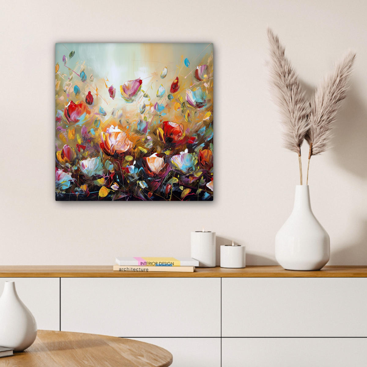 LEINWANDBILD Blumen - Kunst - Natur - Ölgemälde Wandbild Wohnzimmer 50x50 cm - Multicolor, Textil (50/50cm) - MuchoWow