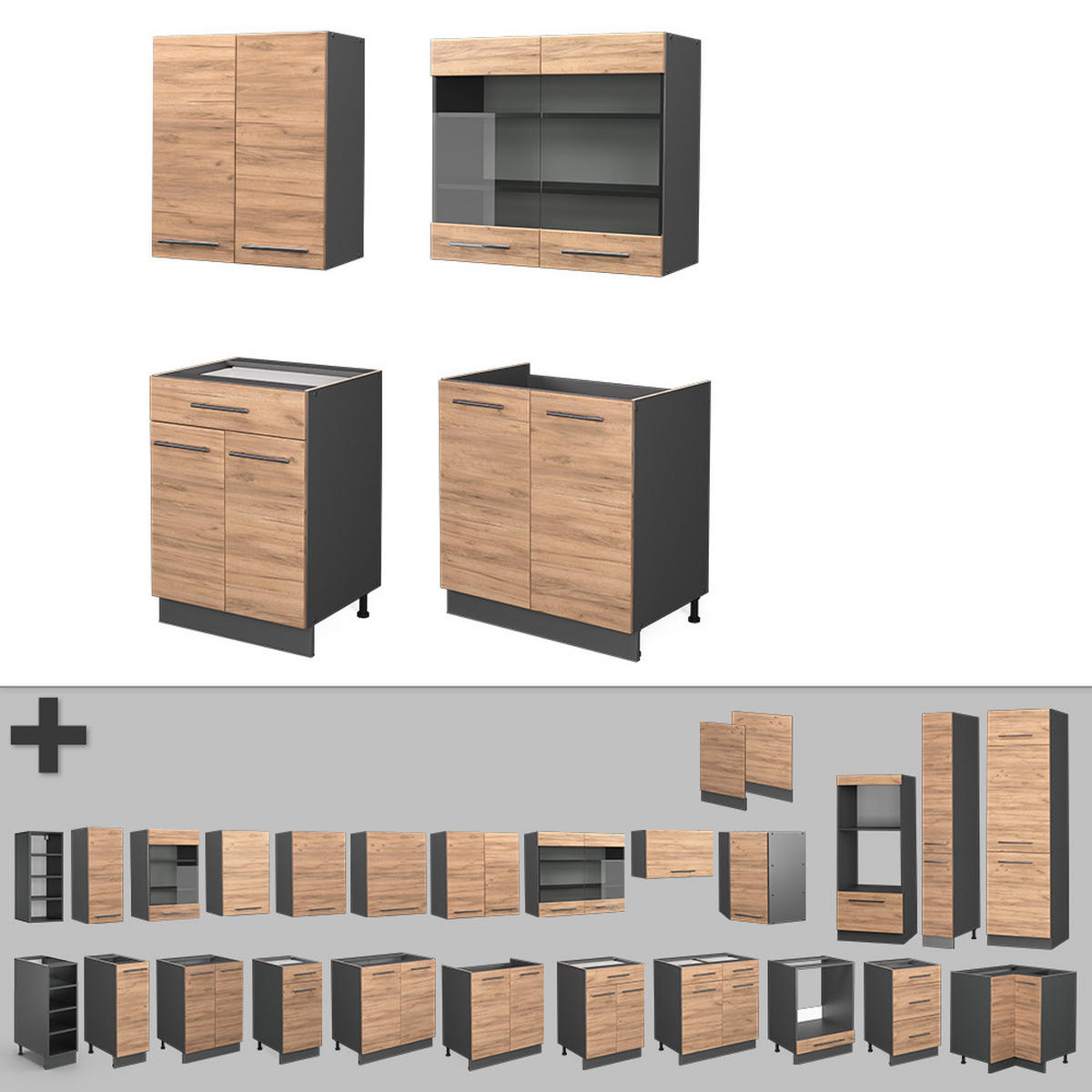 SINGLEKÜCHE Fame-Line Goldkraft Eiche/Anthrazit 140 cm, AP Anthrazit - Anthrazit/Eiche Wotan, Holzwerkstoff (140/81.6/60cm) - Vicco