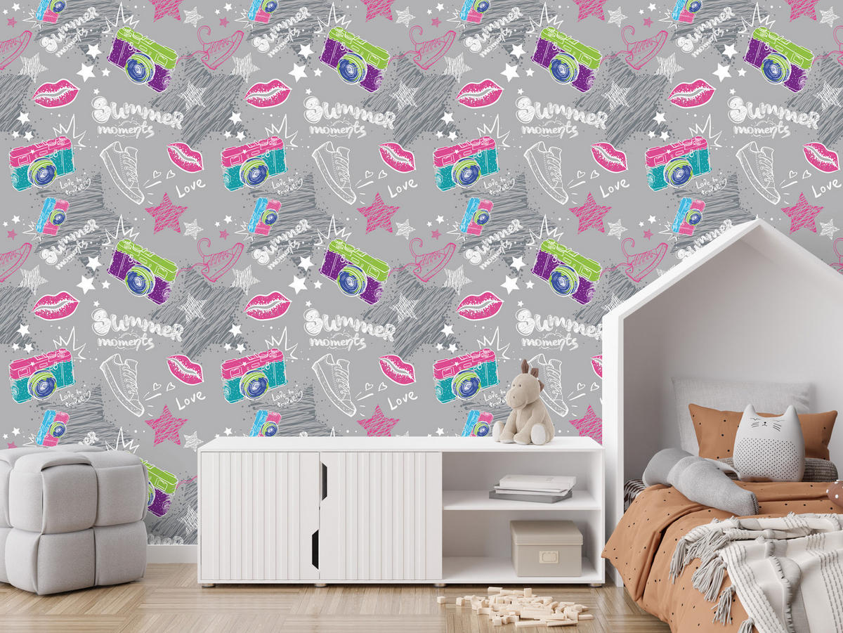 VLIESTAPETE Kameras, Sneaker und Comic-Motive – Rosa, Grün, Grau – 50x1000 cm - Rosa/Grau, Papier (50/1000cm) - Muralo