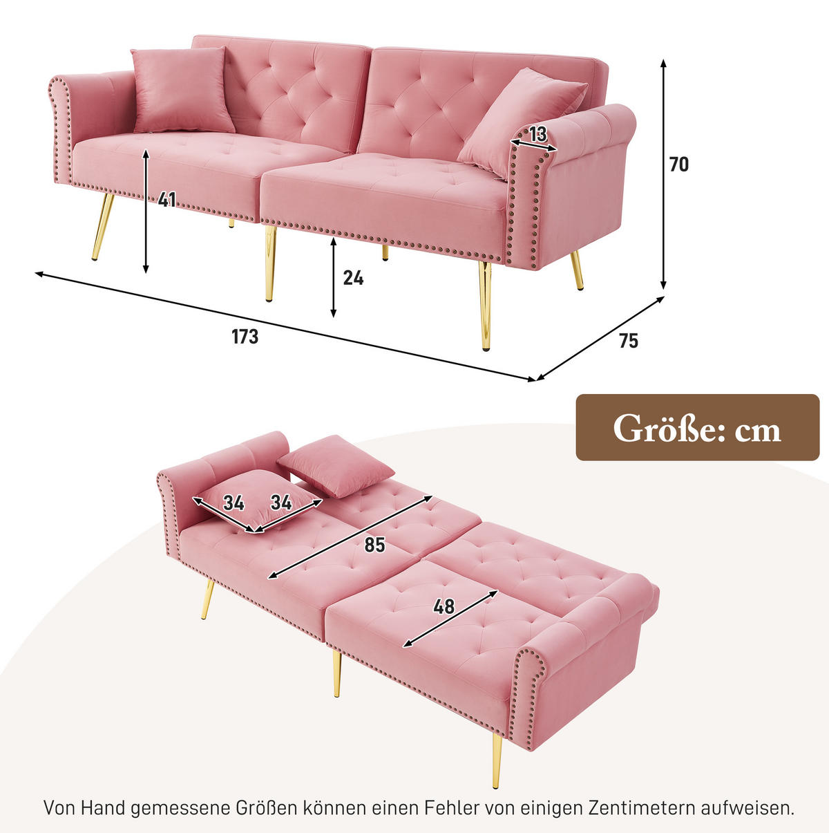ROZKLÁDACÍ pohovka 147/85 cm růžová z sametu a pěny s nastavitelnými opěrkami - růžová, plast (173/70/75cm) - OKWISH