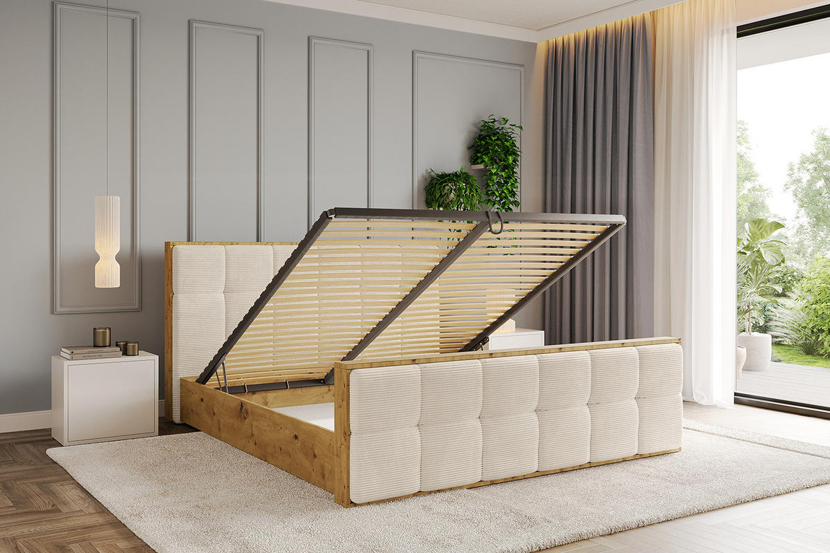 POLSTERBETT mit Bettkasten, Fußteil und Lattenrost, Boxbett ohne Matratze - ENZO7-Z 120x200 Beige - Creme, Holzwerkstoff/Textil (120/200cm) - ALTDECOR