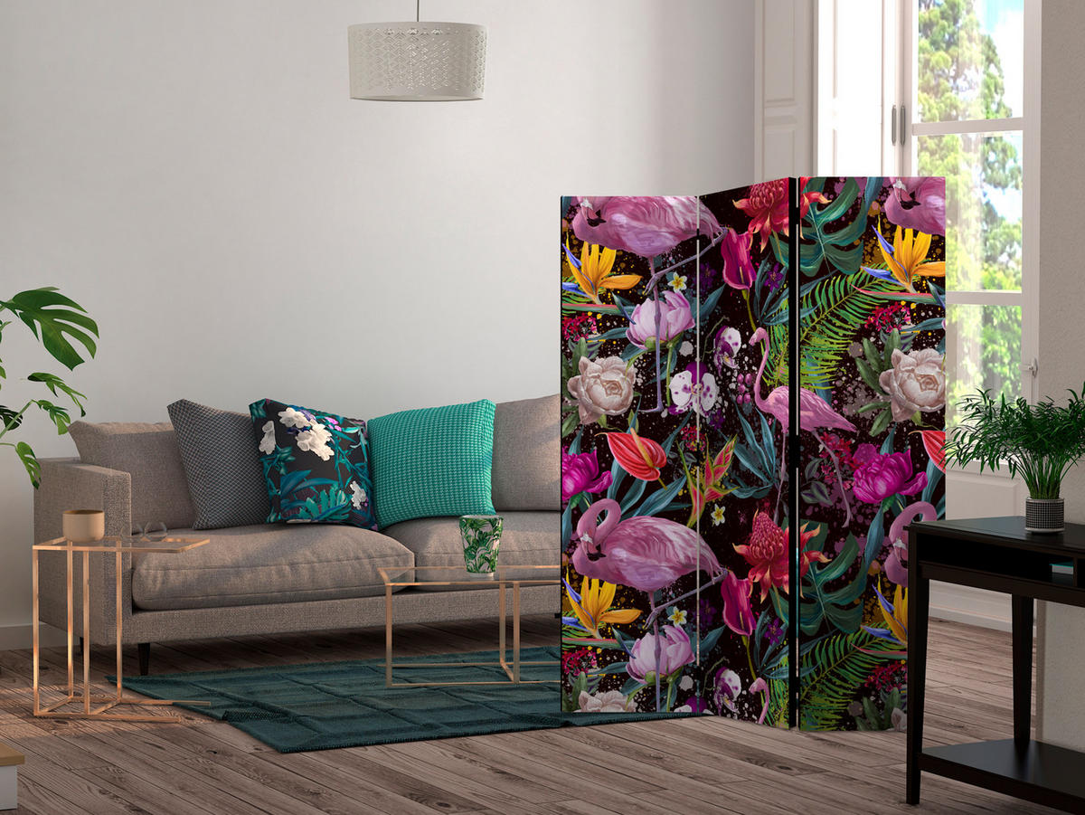 PARAVENT Einseitig Bedruckter 3-tlg 135x172 cm Flamingos Und Exotische Blumen - Rosa, Holz/Textil (135/172/3cm) - Muralo