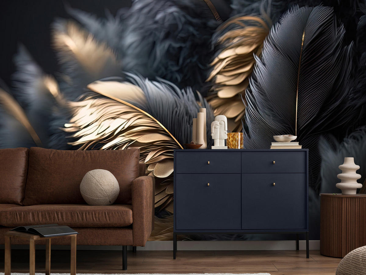 FOTOTAPETE Federn Abstraktion Stil Glamour 250x175 - Beige/Schwarz, Papier (250/175cm) - Muralo