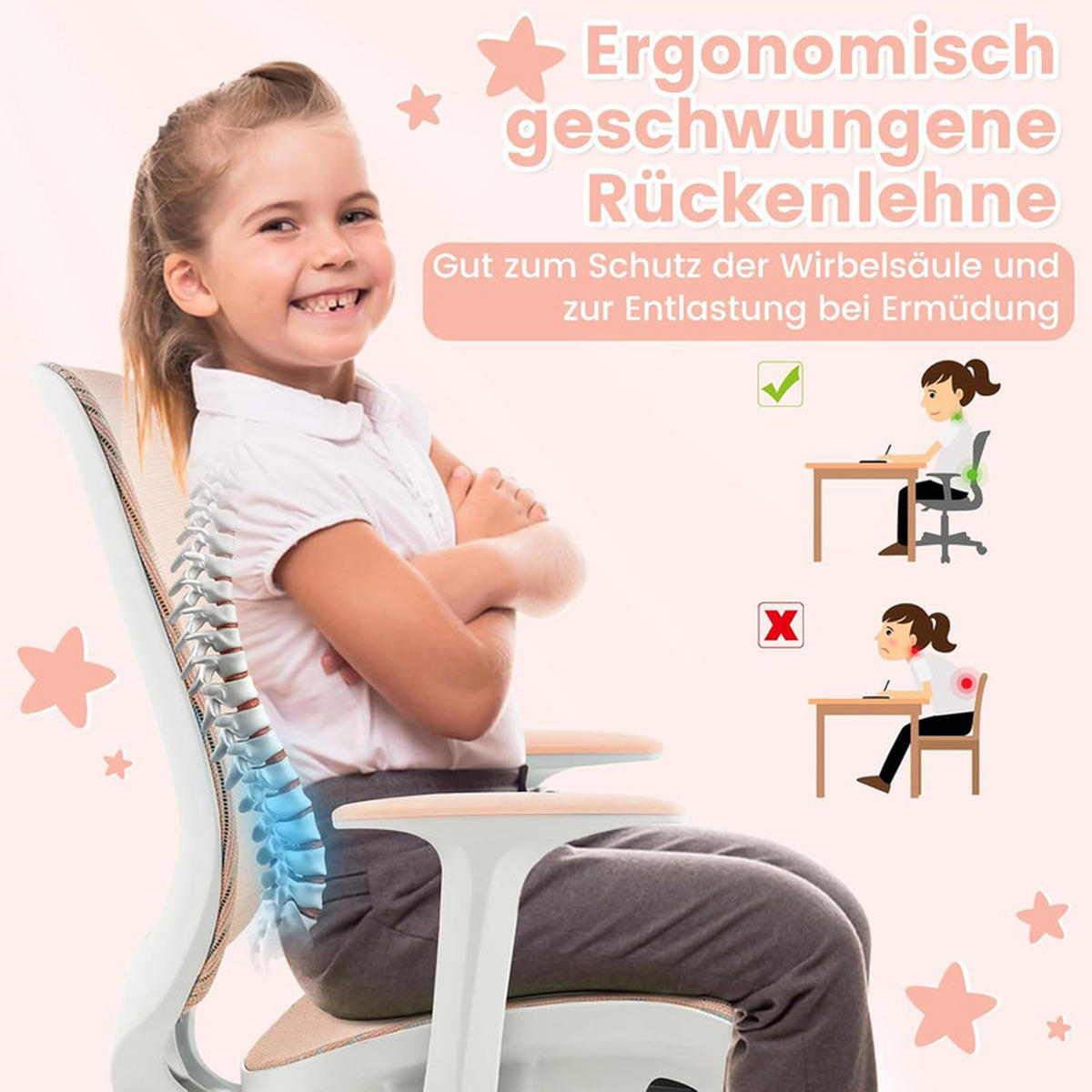 KINDER‑BÜROSTUHL höhenverstellbar rosa - Pink, Kunststoff (57/80/57cm) - COSTWAY