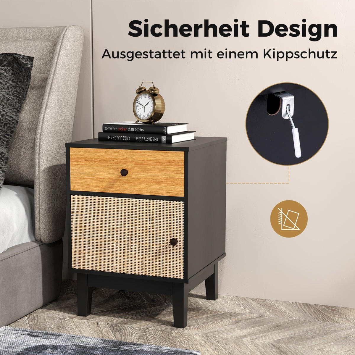 NACHTTISCH mit Schublade und Schrank, Boho Nachtkonsole, 55 cm - Schwarz/Braun, Holz/Holzwerkstoff (39/55/40cm) - DESIGN IN