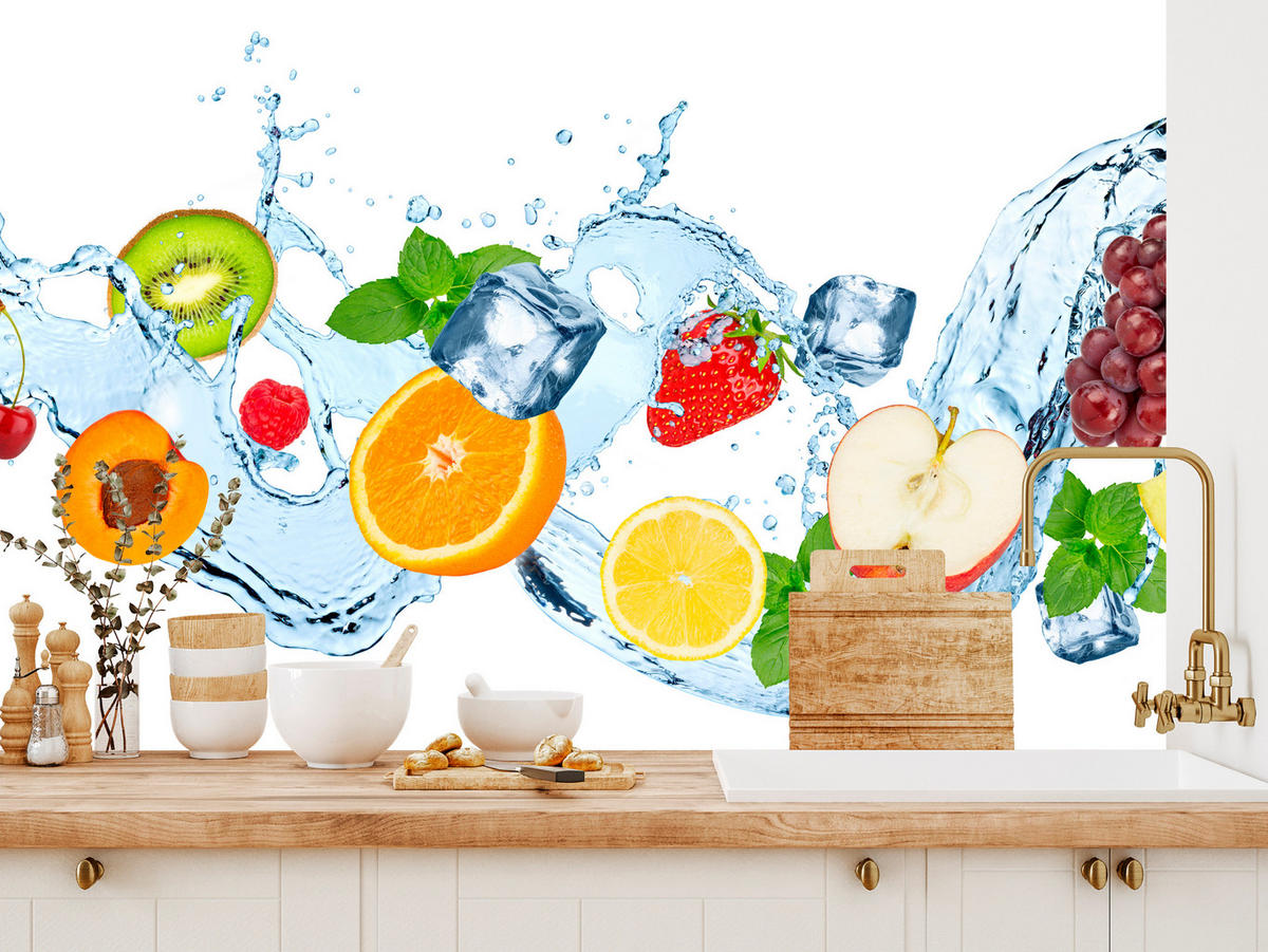 FOTOTAPETE für Küche Erfrischende Früchte Eis Wasser Orange Minze Zitrone Kiwi 400x280 - Gelb/Rot, Papier (400/280cm) - Muralo