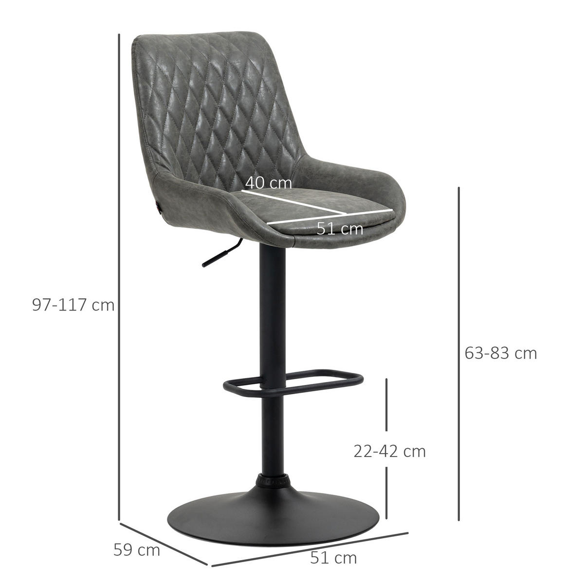 2ER-SET Barhocker Barstuhl höhenverstellbar Tresenstuhl mit Fußstütze Dunkelgrau - Dunkelgrau, Kunststoff (59/117/51cm) - HOMCOM