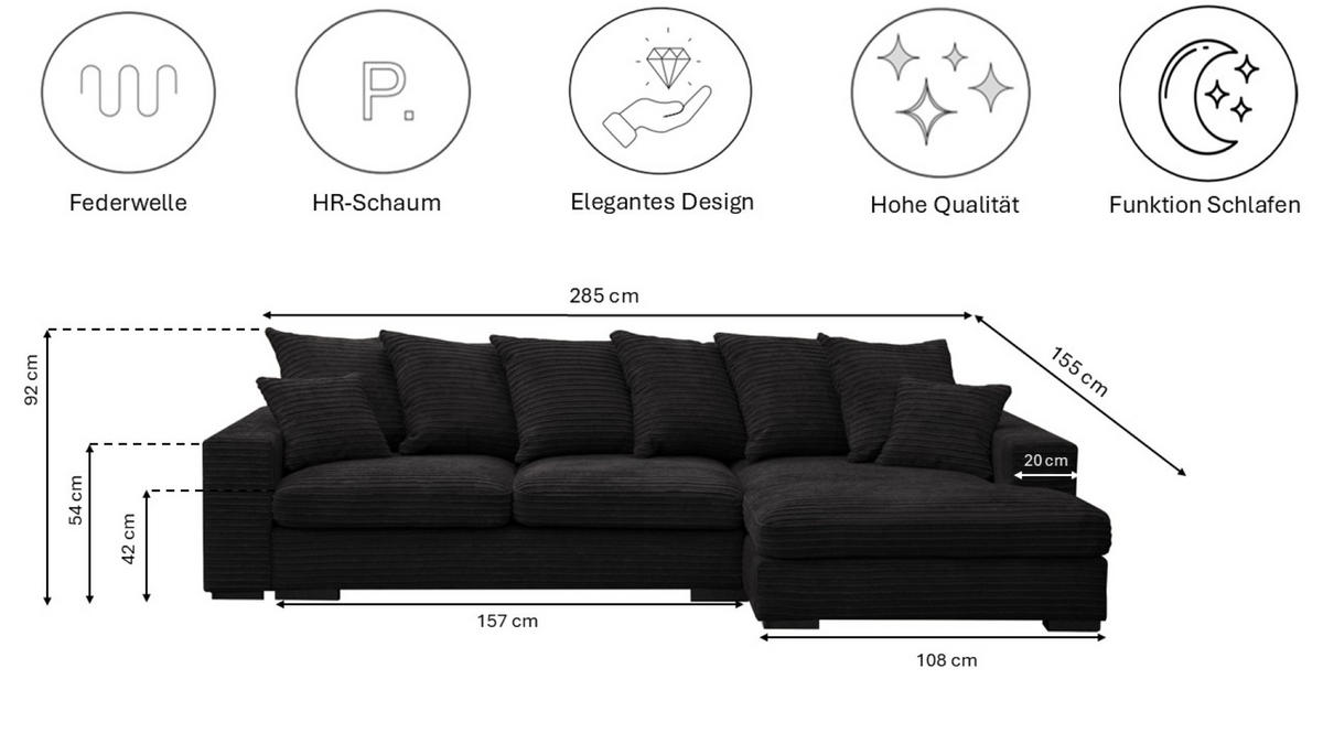 ECKSOFA Mit Schlaffunktion Und Bettkasten Couch L-form Gabon Stoff Zoom Schwarz Rechts - Schwarz, Holz (285/155cm) - Kaiser Möbel