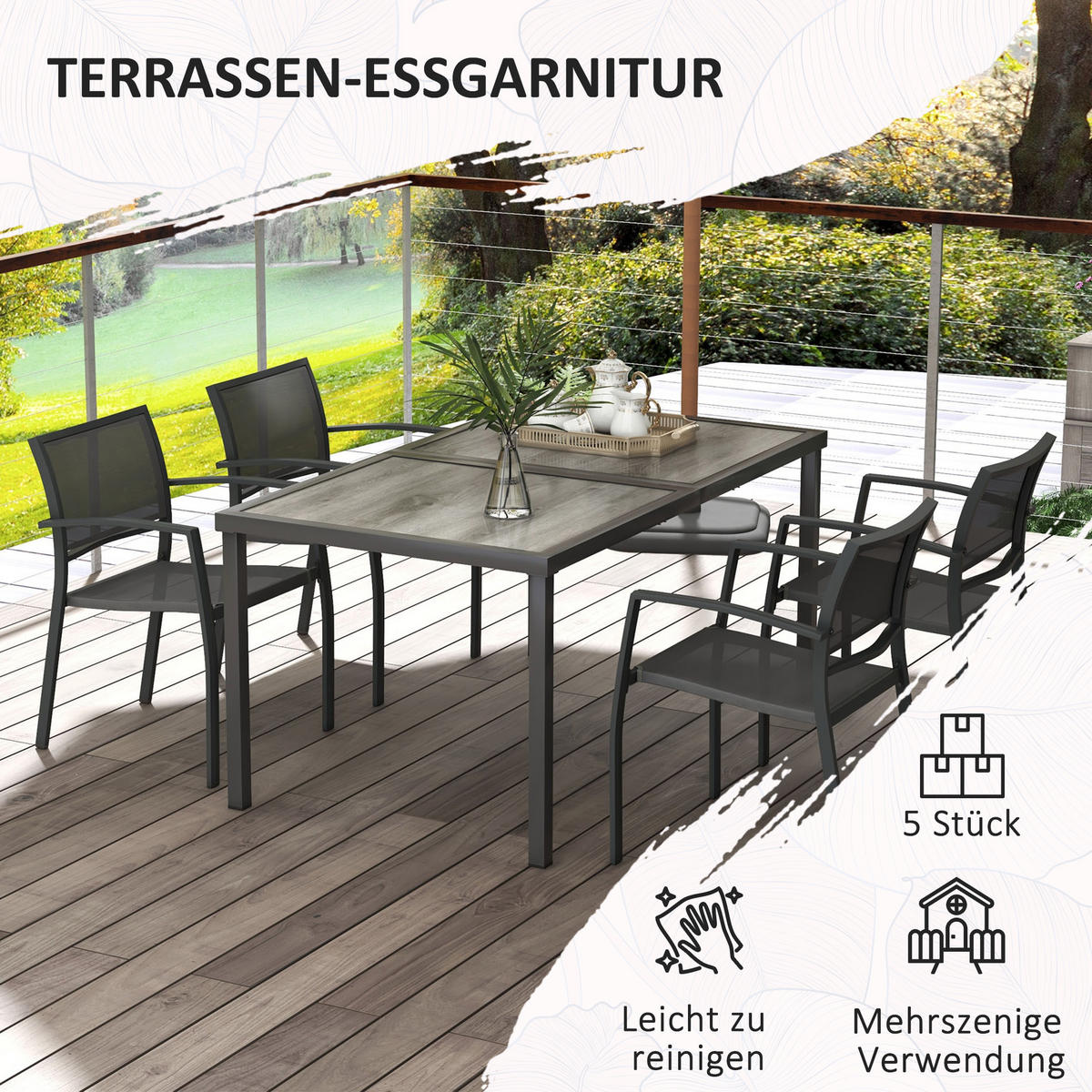 SITZGRUPPE Gartenmöbel-Set, 1 Esstisch, 4 stapelbaren Stühlen, Textil, Dunkelgrau - Grau, Textil/Metall - Outsunny