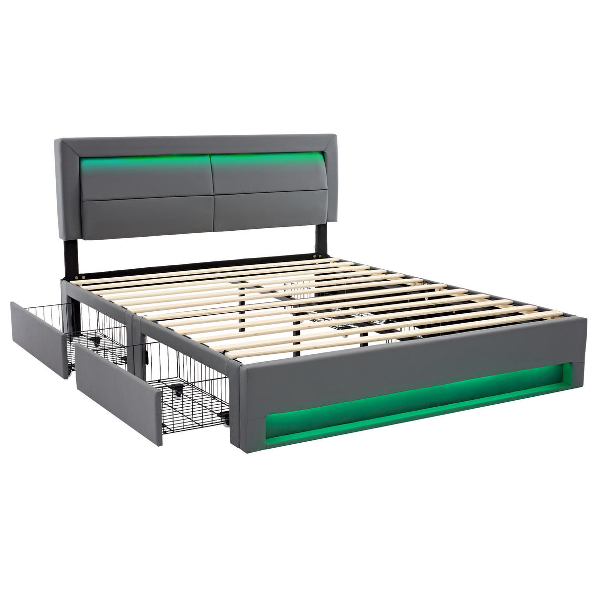 BETT mit LED, USB und 4 Schubladen 140x200 cm PU Grau - Grau, Metall (140/200cm) - Meubliv