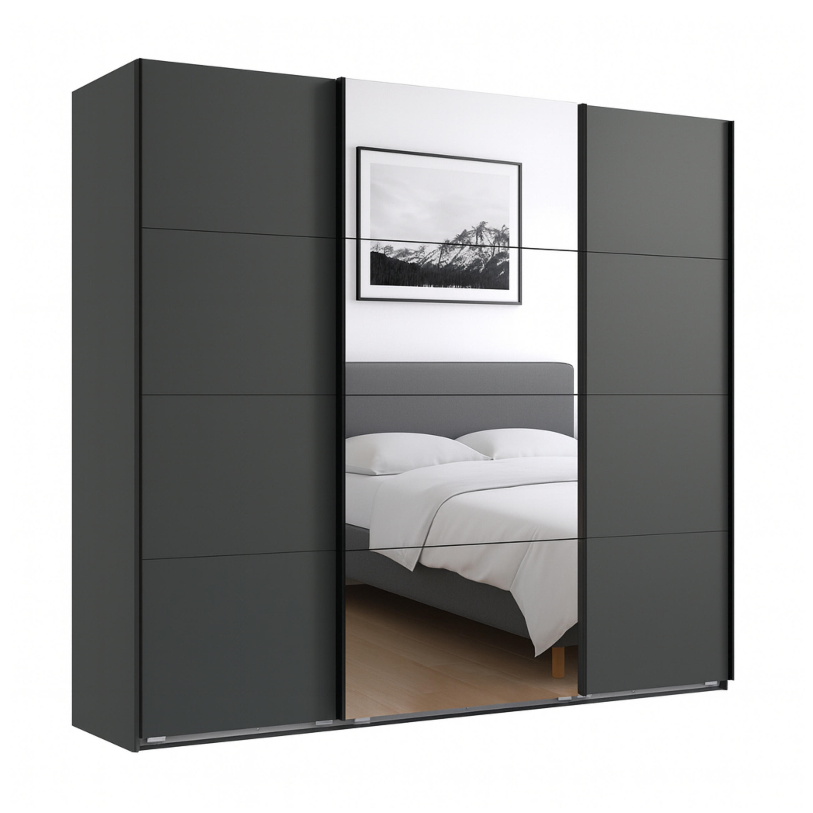 SCHWEBETÜRENSCHRANK 3-türig in Grafit, eine Tür mit Spiegel, B225/H208/T64 cm / 22519 - Schwarz/Graphitfarben, Holzwerkstoff/Metall (225/208/64cm) - luma-home