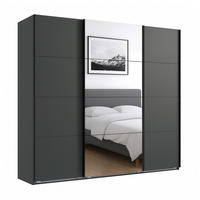 SCHWEBETÜRENSCHRANK 3-türig in Grafit, eine Tür mit Spiegel, B225/H208/T64 cm / 22519 - Edelstahlfarben/Graphitfarben, Holzwerkstoff/Metall (225/208/64cm) - luma-home