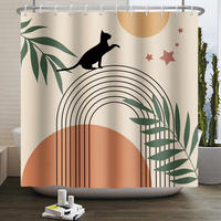 DUSCHVORHANG Boho Schwarz Katze Grün Blatt Beige Badewanne modern minimalistisch mit Haken - Multicolor, Textil (180/180cm) - MCBOSON