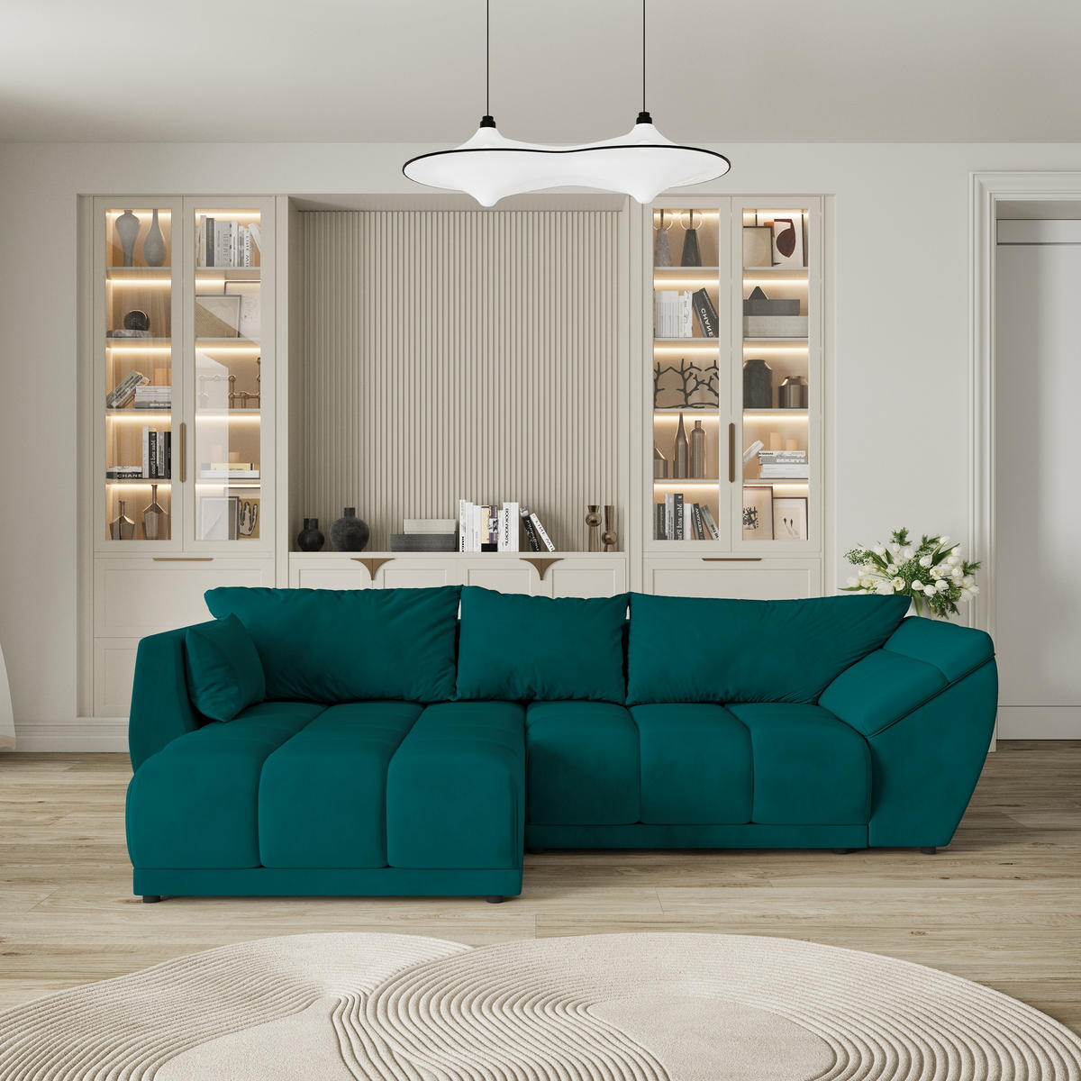 ECKSOFA ORENTI L-S Blau Velours-Stoff mit Schlaffunktion - Blau, Holz (287/182cm) - MASSENO