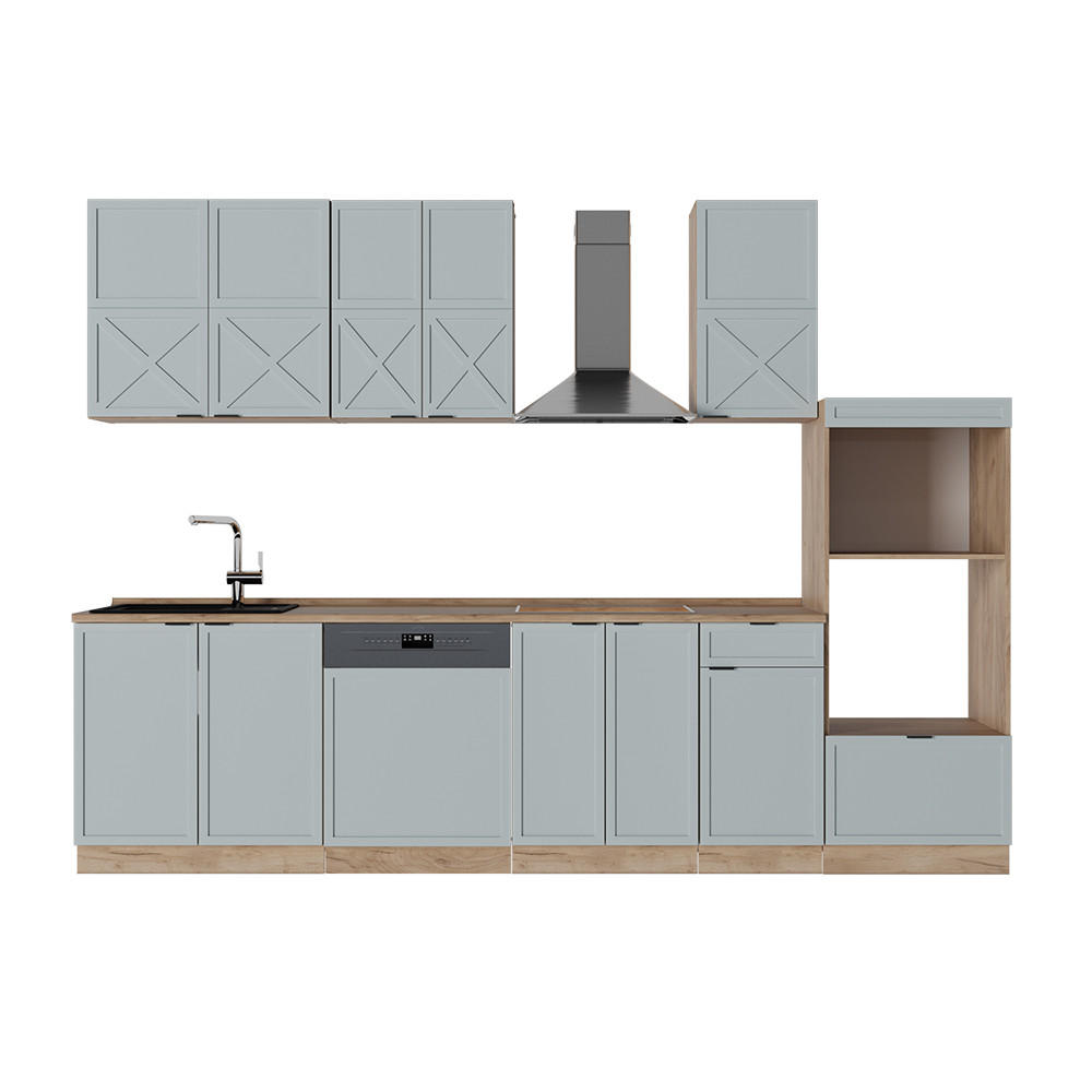 KÜCHENZEILE Fame-Line Hellblau-grau/Goldkraft Eiche 300 cm AP Eiche - Honigeiche/Blaugrau, Holzwerkstoff (300/81.6/60cm) - Vicco