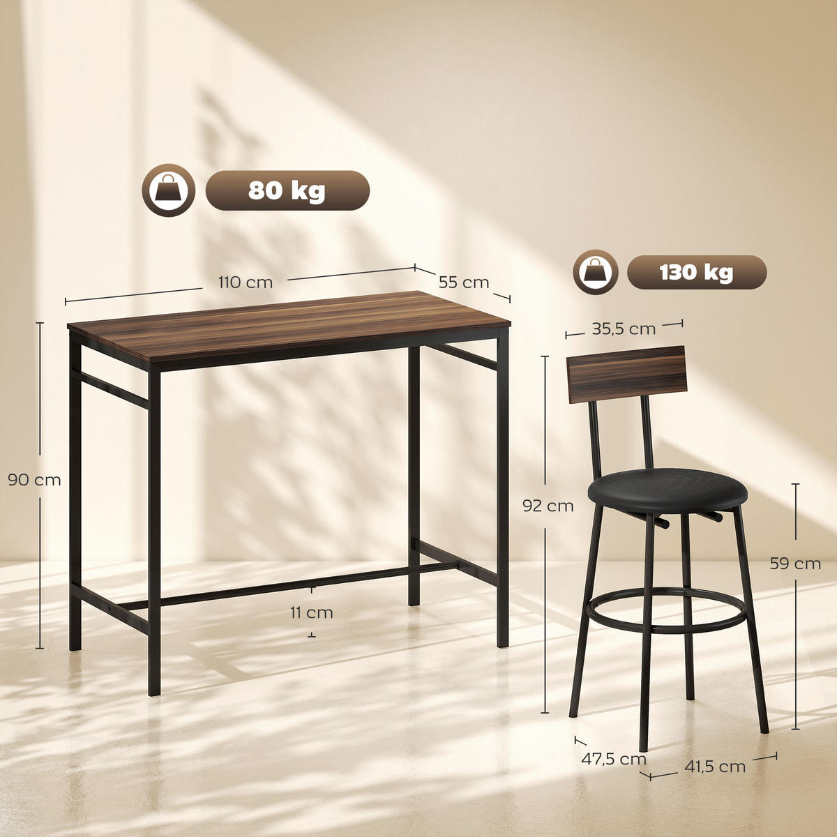 BARTISCH-SET 5-teilig DE-07994 mit 4 Stühlen, Industriedesign Braun - Braun, Metall (55/90/110cm) - ComfortXL