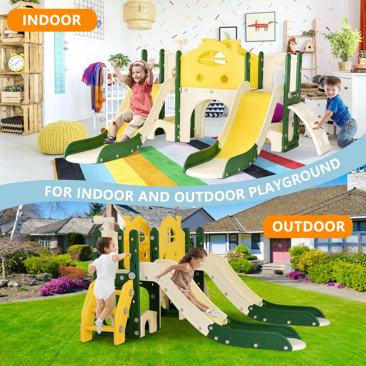 KLETTERGERÜST Indoor & Outdoor 7-in-1 – Gelb/Grün, Kinderrutsche mit Doppelrutsche & Piratenschiff-Design, Spielturm mit Kletterwand & Teleskop - Gelb, Kunststoff (203/95.5/166cm) - BursDany
