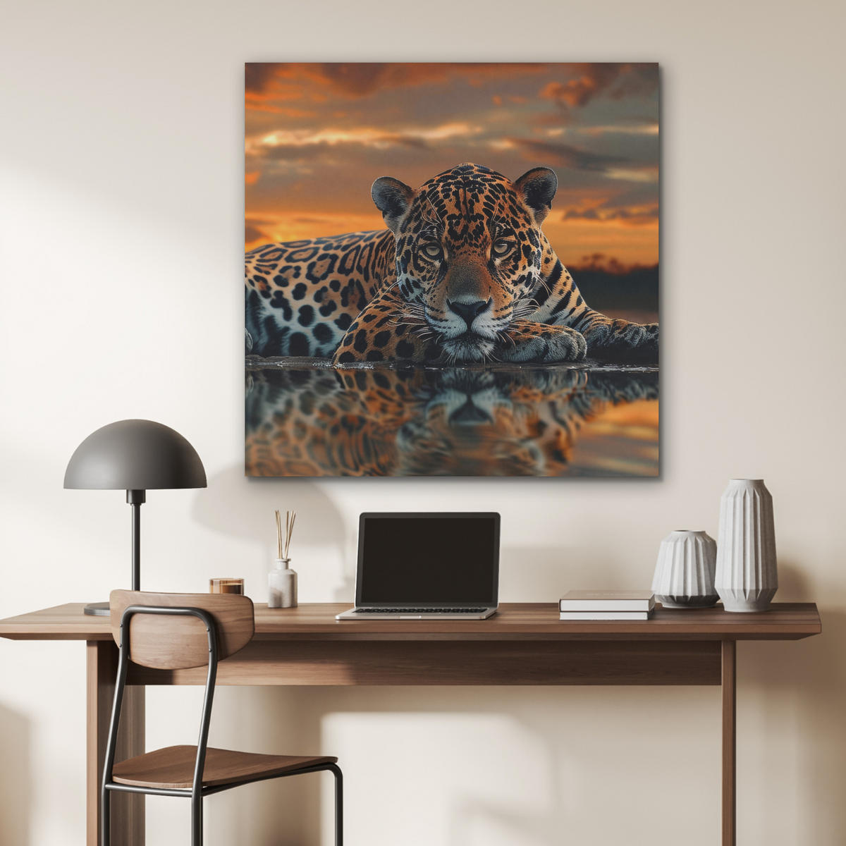 AKUSTIKPANEEL Natur - Leopard - Tier - Sonnenuntergang - Modern 90x90 cm - Orange, Textil (90/0.9/90cm) - MuchoWow