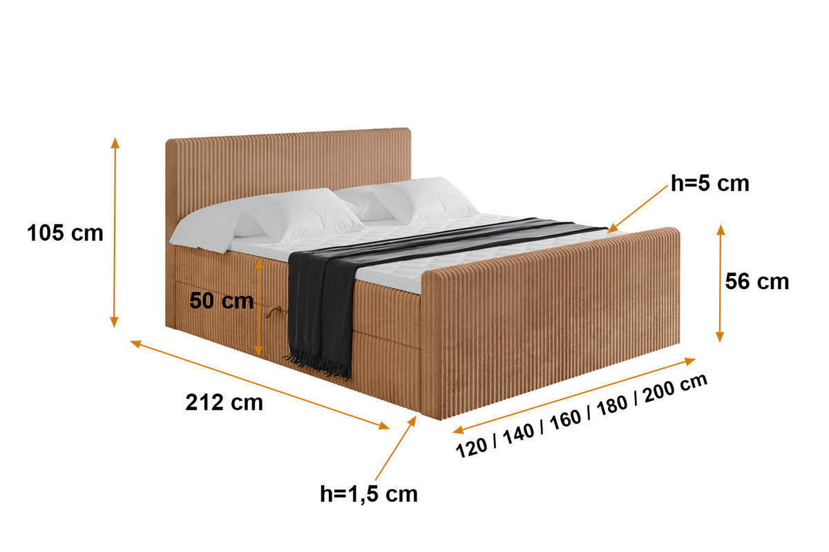 BOXBETT mit Matratze H4 und Lattenrost - TOLO-Z - 160x200 Cord - Rotbraun - Rotbraun, Holzwerkstoff (160/200cm) - ALTDECOR