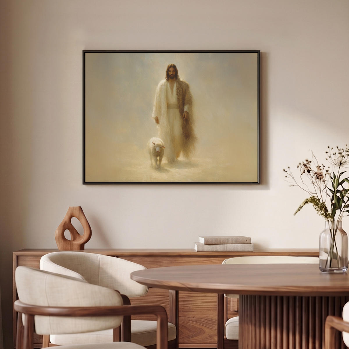 LEINWAND Bilder mit Rahmen - Schaf - Jesus - Pinselstriche - Abstrakt - 70x50 - Beige, Textil (70/50cm) - MuchoWow