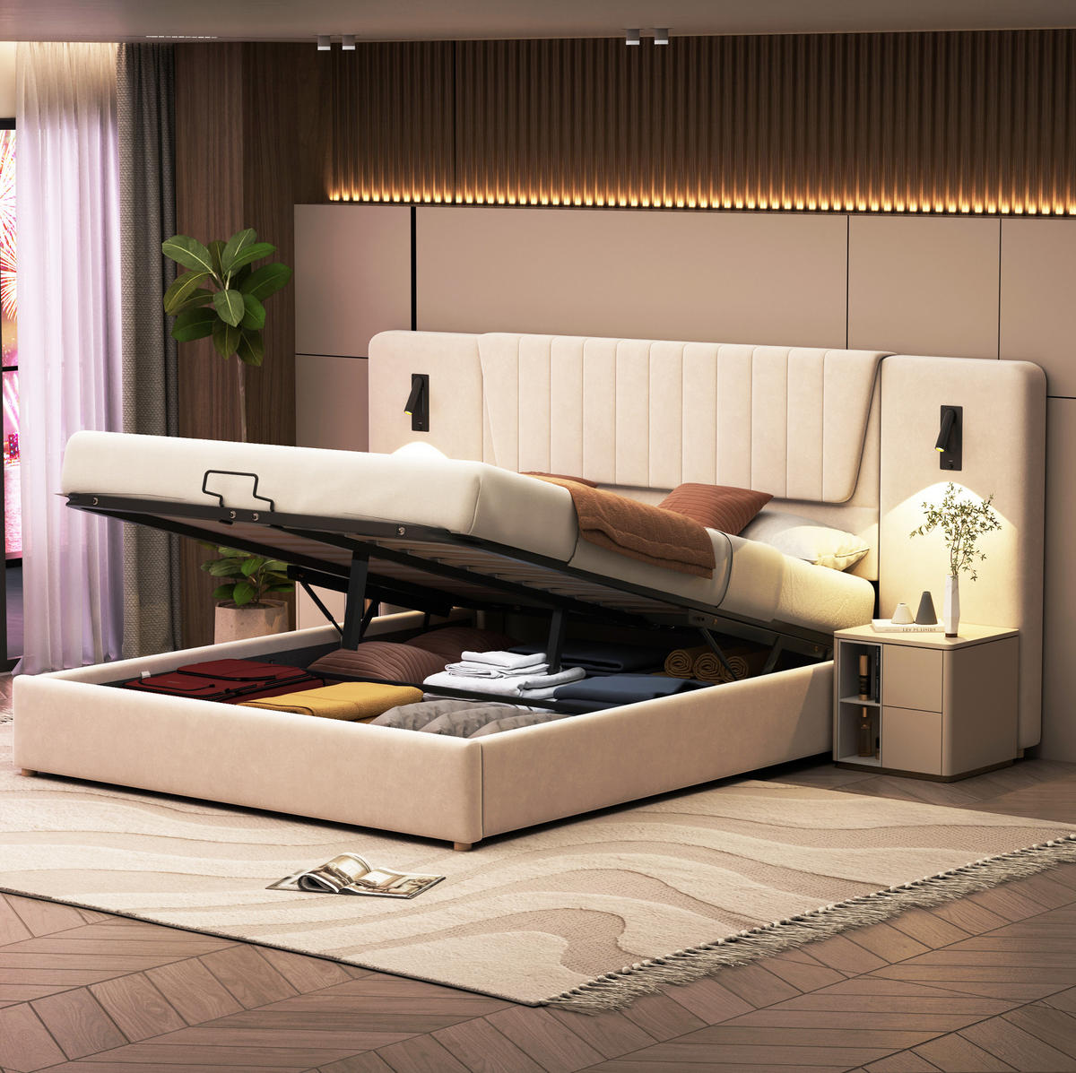 POLSTERBETT mit Stauraum und USB 180x200 cm Samt Beige - Beige, Metall (180/200cm) - Meubliv