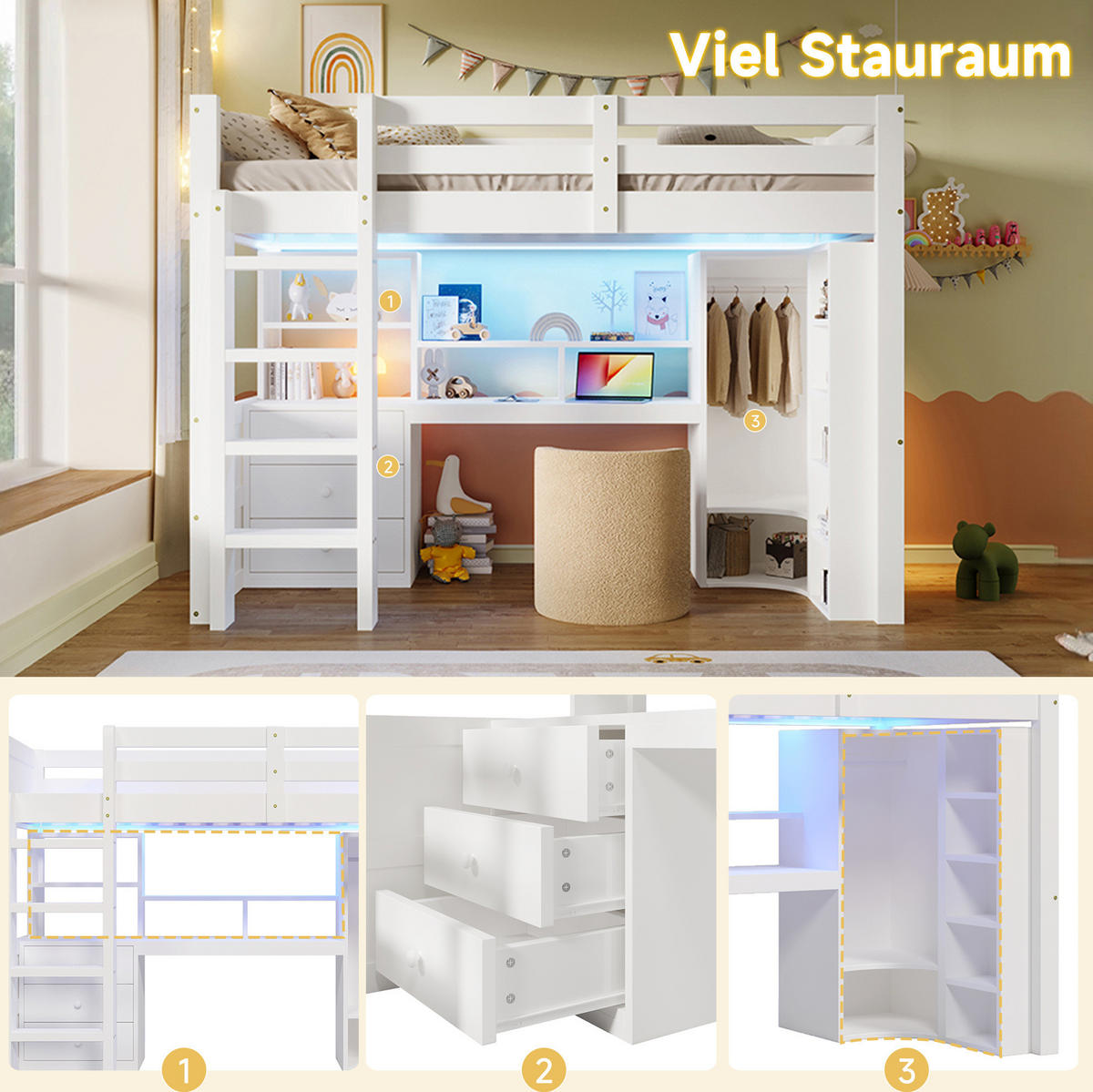 HOCHBETT 90/200 cm in Weiß mit LED-Beleuchtung, Schreibtisch und Kleiderschrank - Weiß, Holzwerkstoff (90/200cm) - Flora Grace