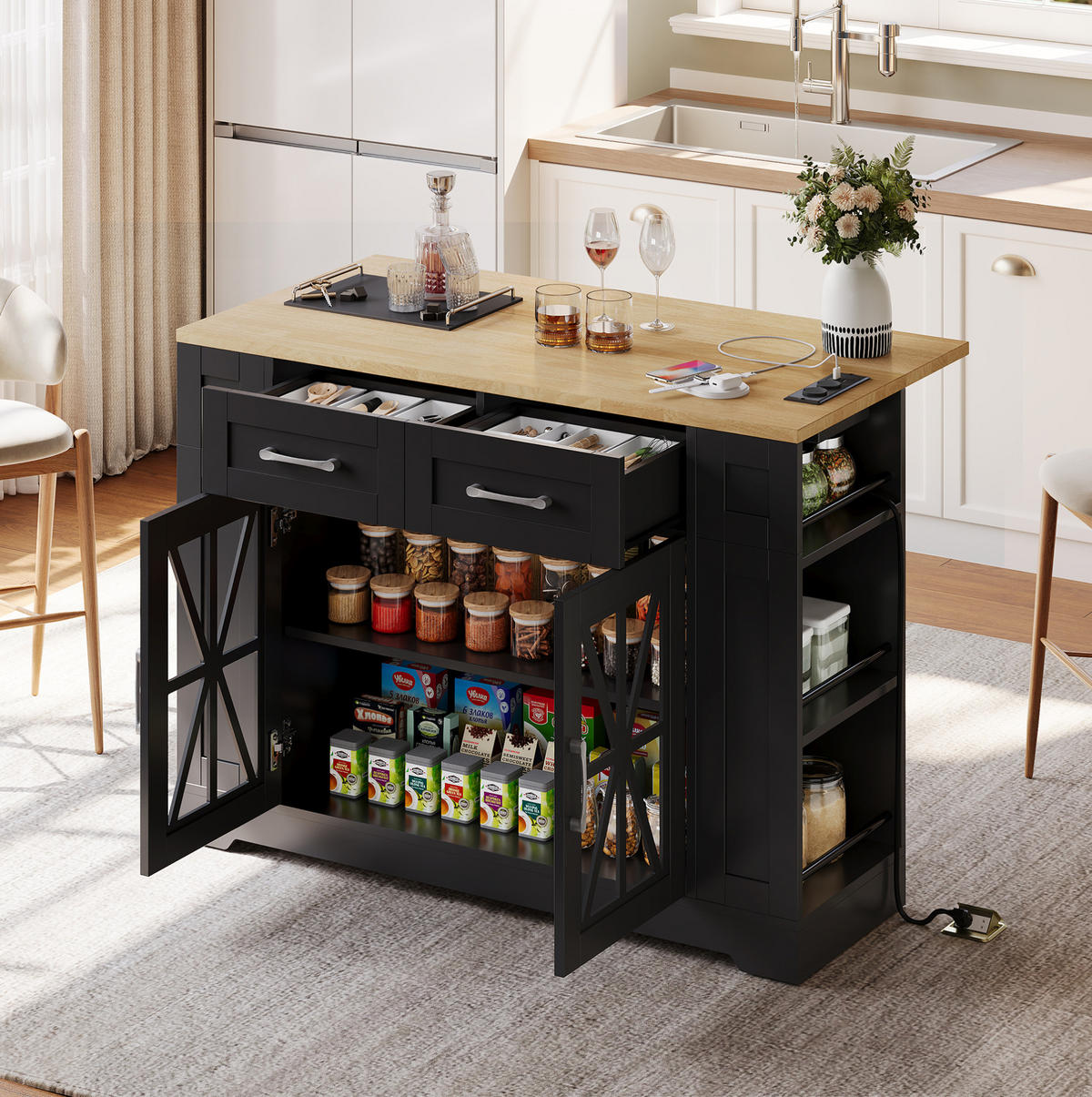 KÜCHENINSEL 120/40(65)/92 cm mit Klapptisch, Steckdosen, USB-Anschlüssen und Rollen, Schwarz/Natur - Schwarz, Holzwerkstoff (120/92/65cm) - Redom