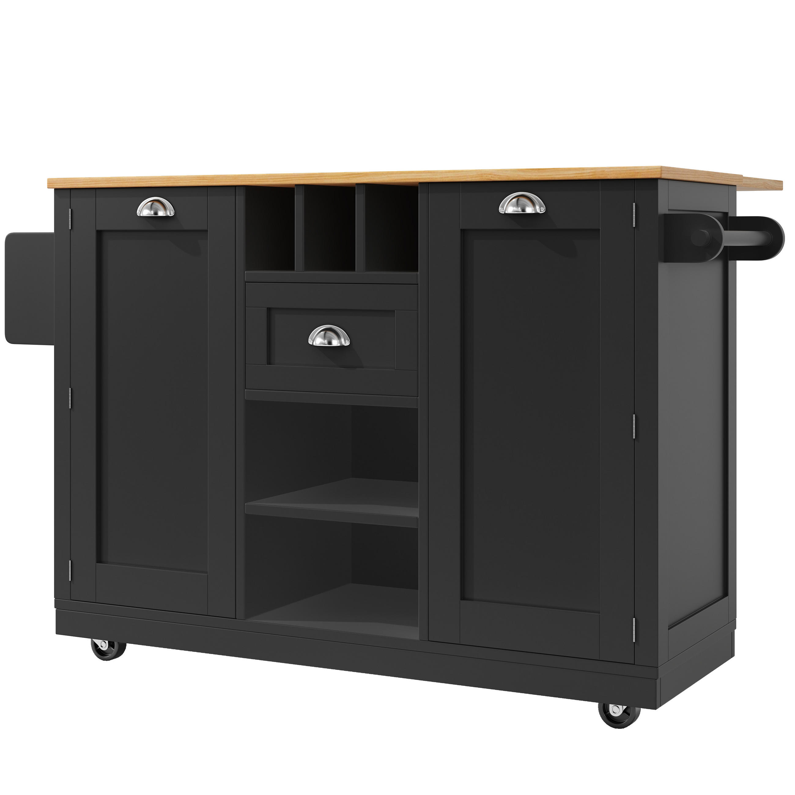 KÜCHENINSEL DE-41265 140/40-70/93,5 cm mit klappbarer Arbeitsplatte und Weinregal Schwarz - Schwarz, Holzwerkstoff (140/93.5/40cm) - ComfortXL