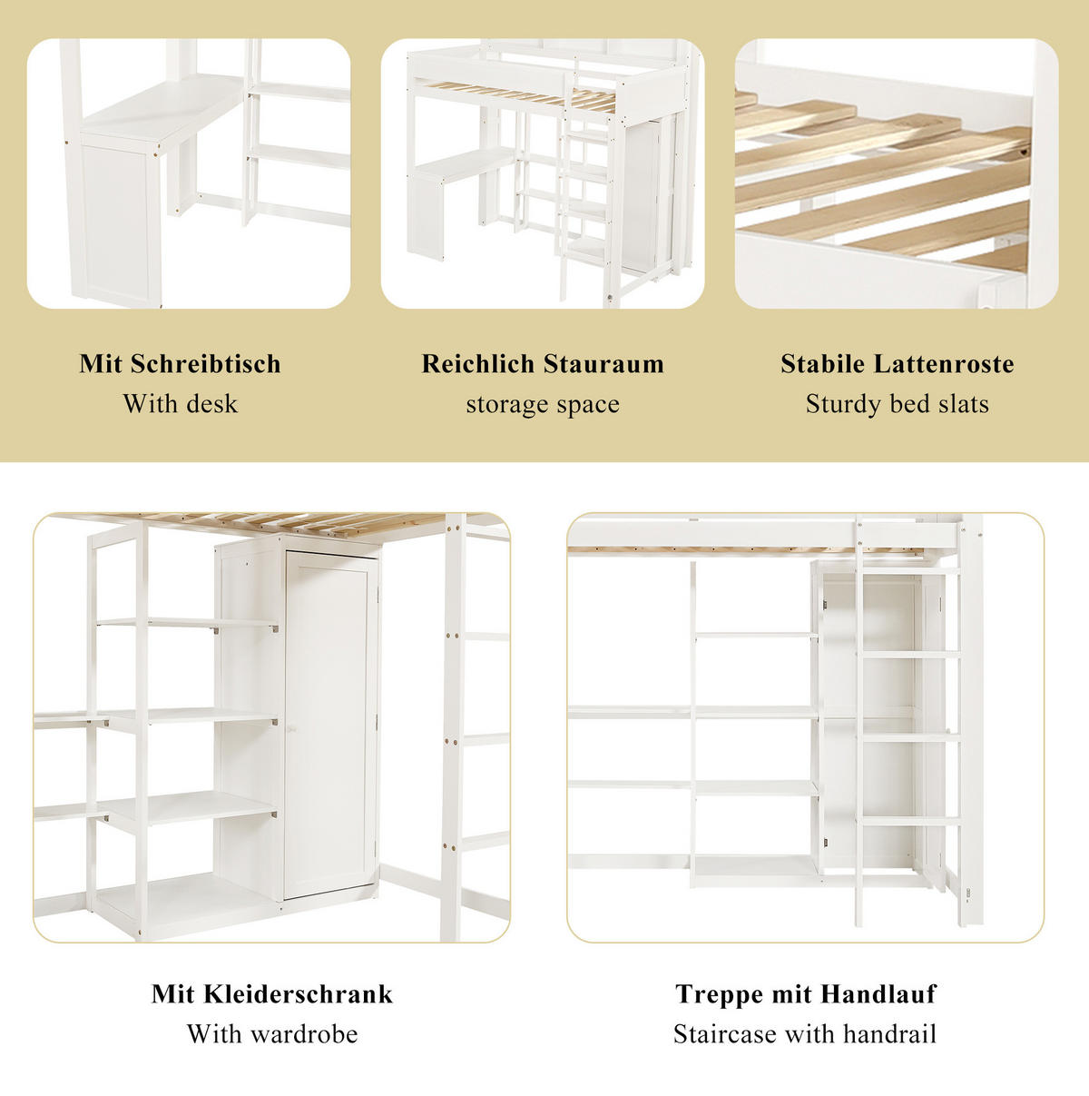 ETAGENBETT 90x200 cm in Weiß mit Schreibtisch, Kleiderschrank und Regalen - Weiß, Holz (90/200cm) - IVMEU