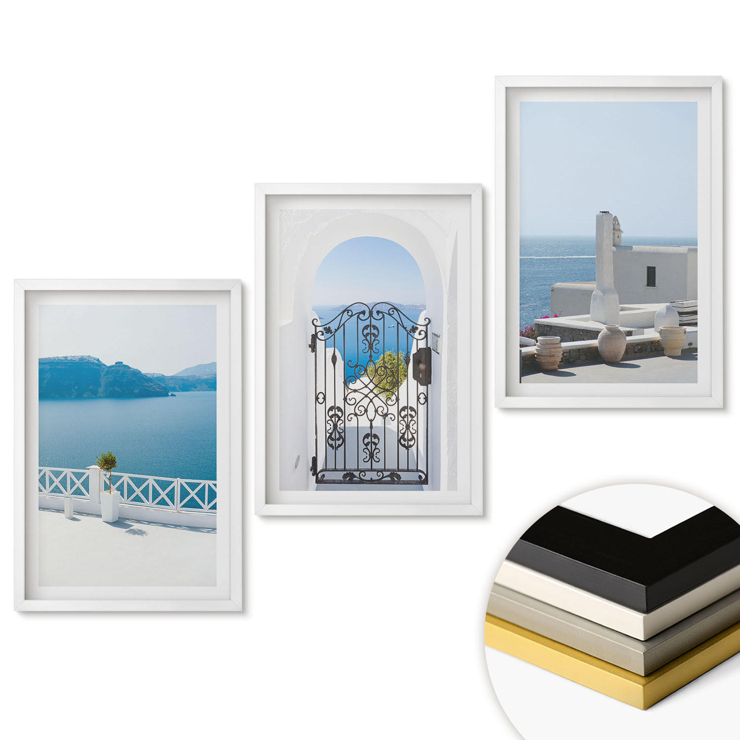WANDBILDER 3er-Set - 40x60 cm Weißer Rahmen - Gebäude am Weißen Meer, Griechenland - Weiß, Kunststoff (40/60cm) - ArtPrintCave