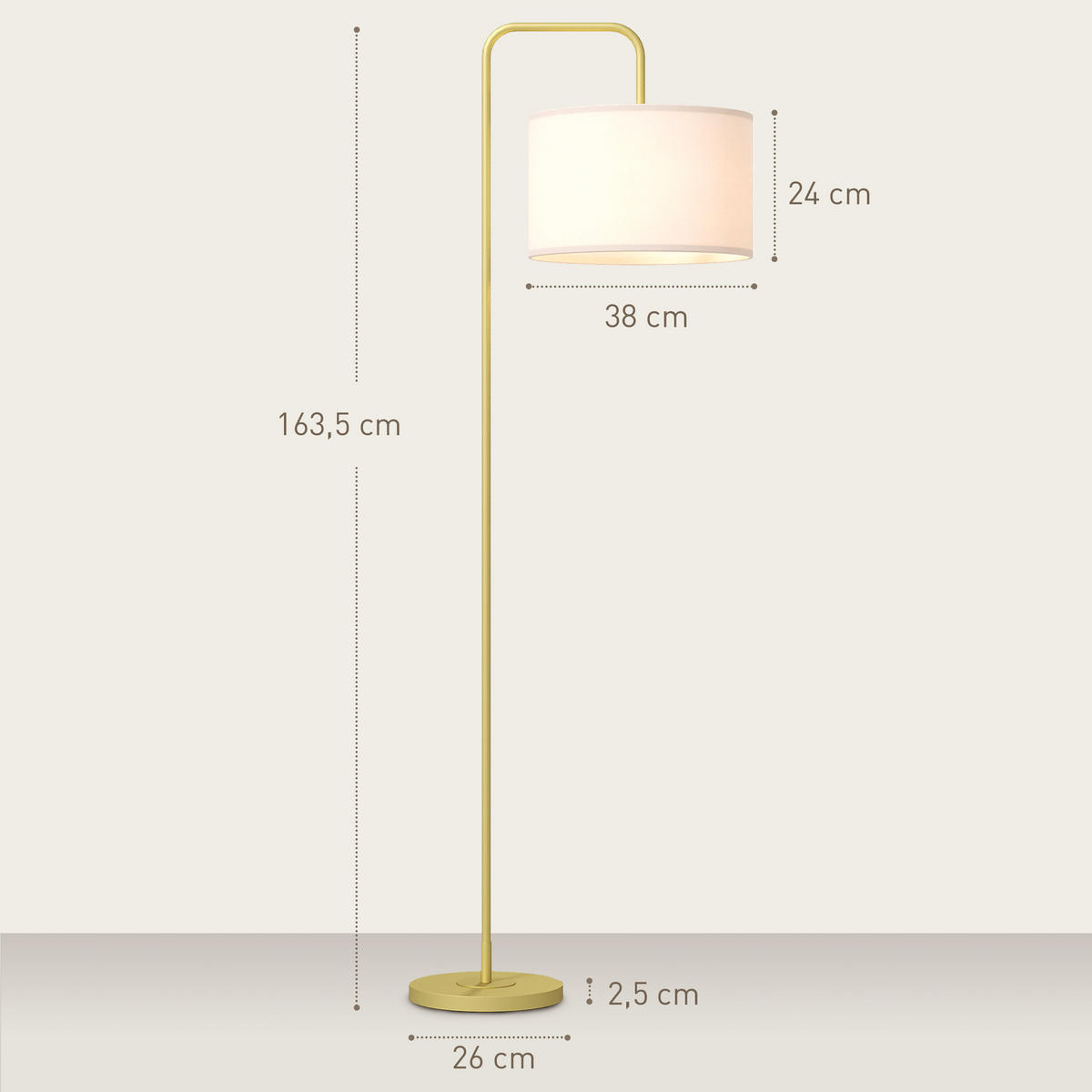 STEHLAMPE Stahl Gold - Weiß, Metall (64/38/163.5cm) - HOMCOM