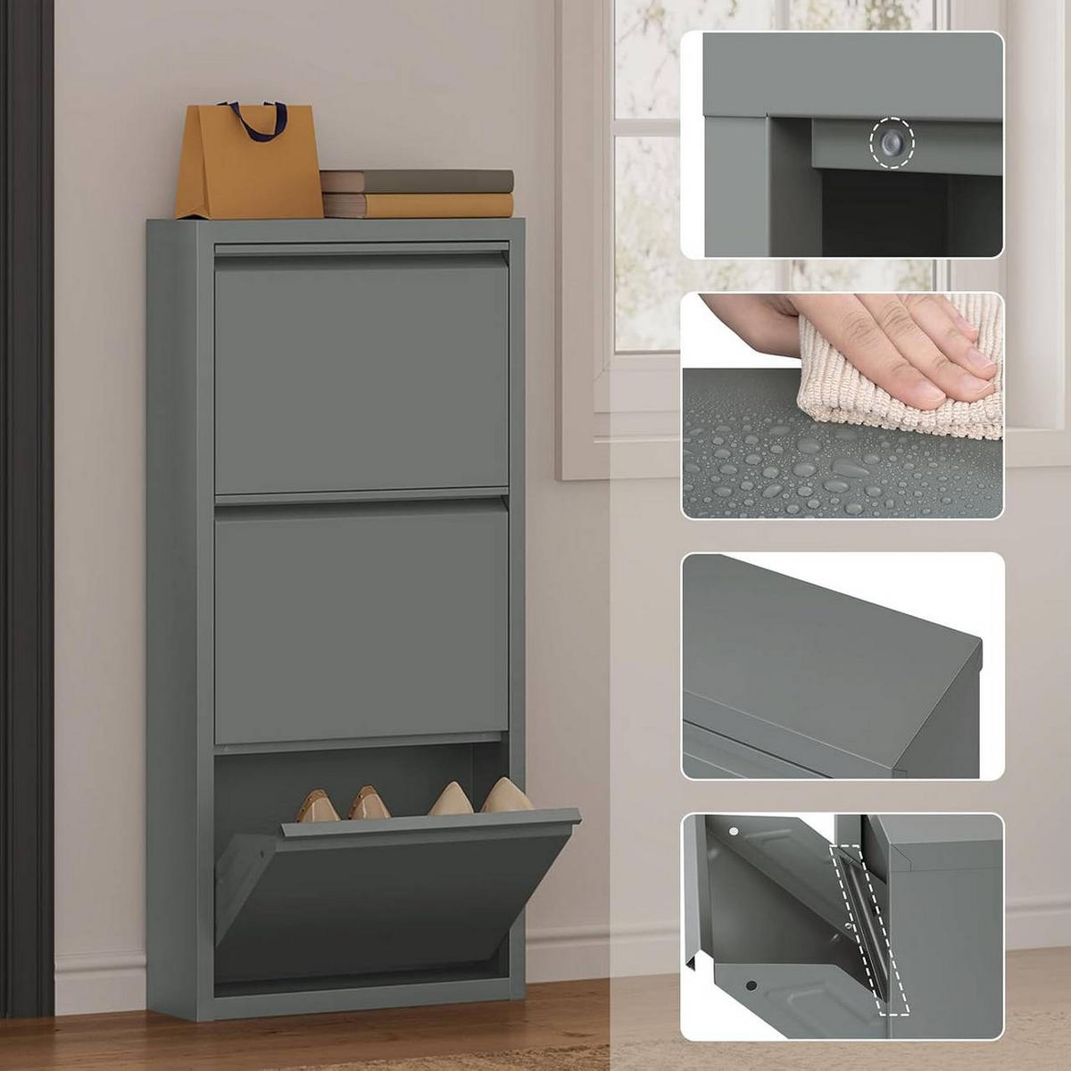 SCHUHSCHRANK mit 3 Klappen, 50x106x15cm, Hellgrau - Hellgrau, Metall (50/106/15cm) - Woltu