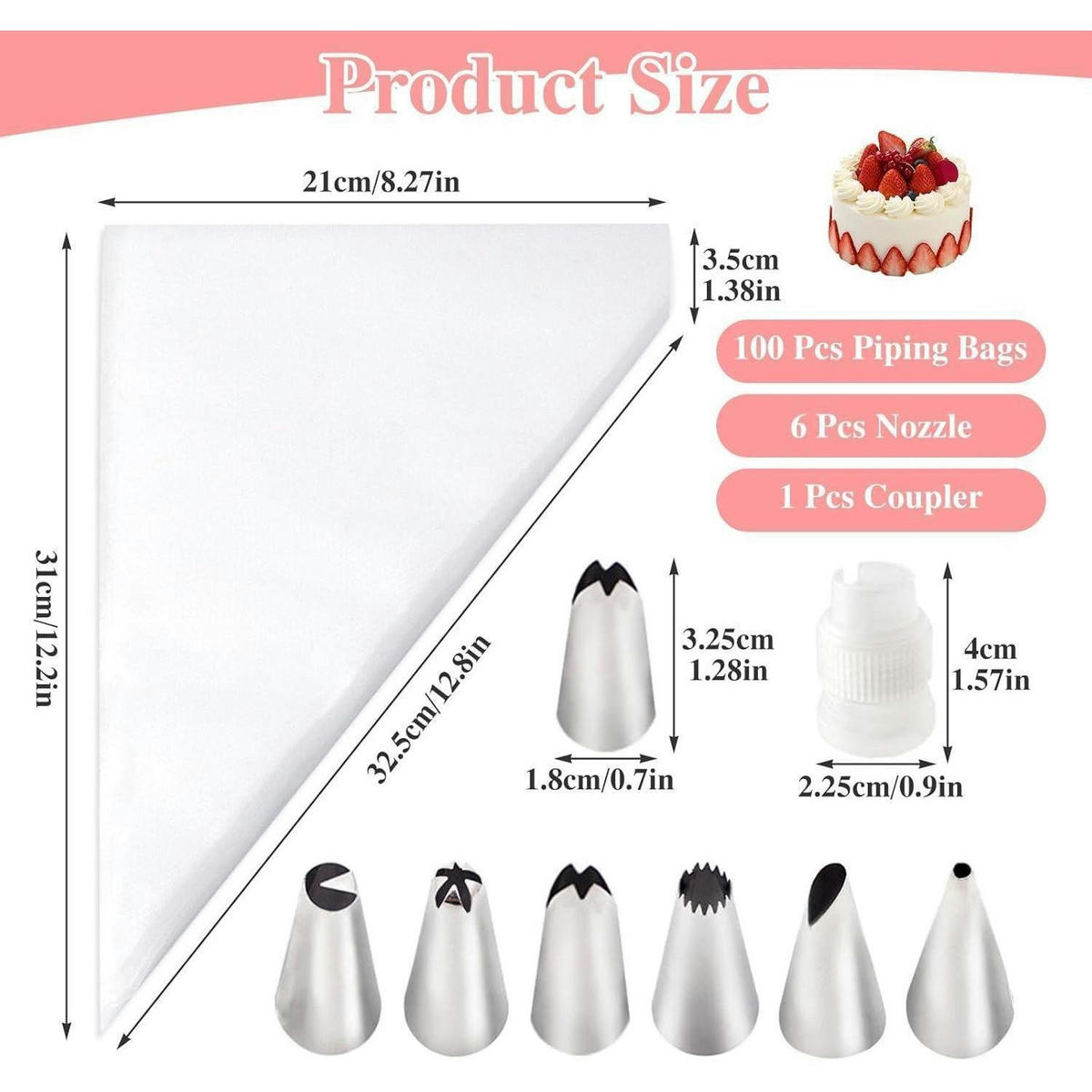 SPRITZBEUTEL Set 100 Stück mit 6 Spritztüllen und Kupplung - Transparent, Kunststoff (31/31/31cm)