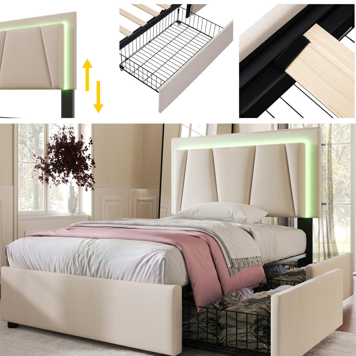 POLSTERBETT 90/200 cm Beige mit LED-Beleuchtung mit 2 Schubladen - Beige, Holzwerkstoff (90/200cm) - OKWISH